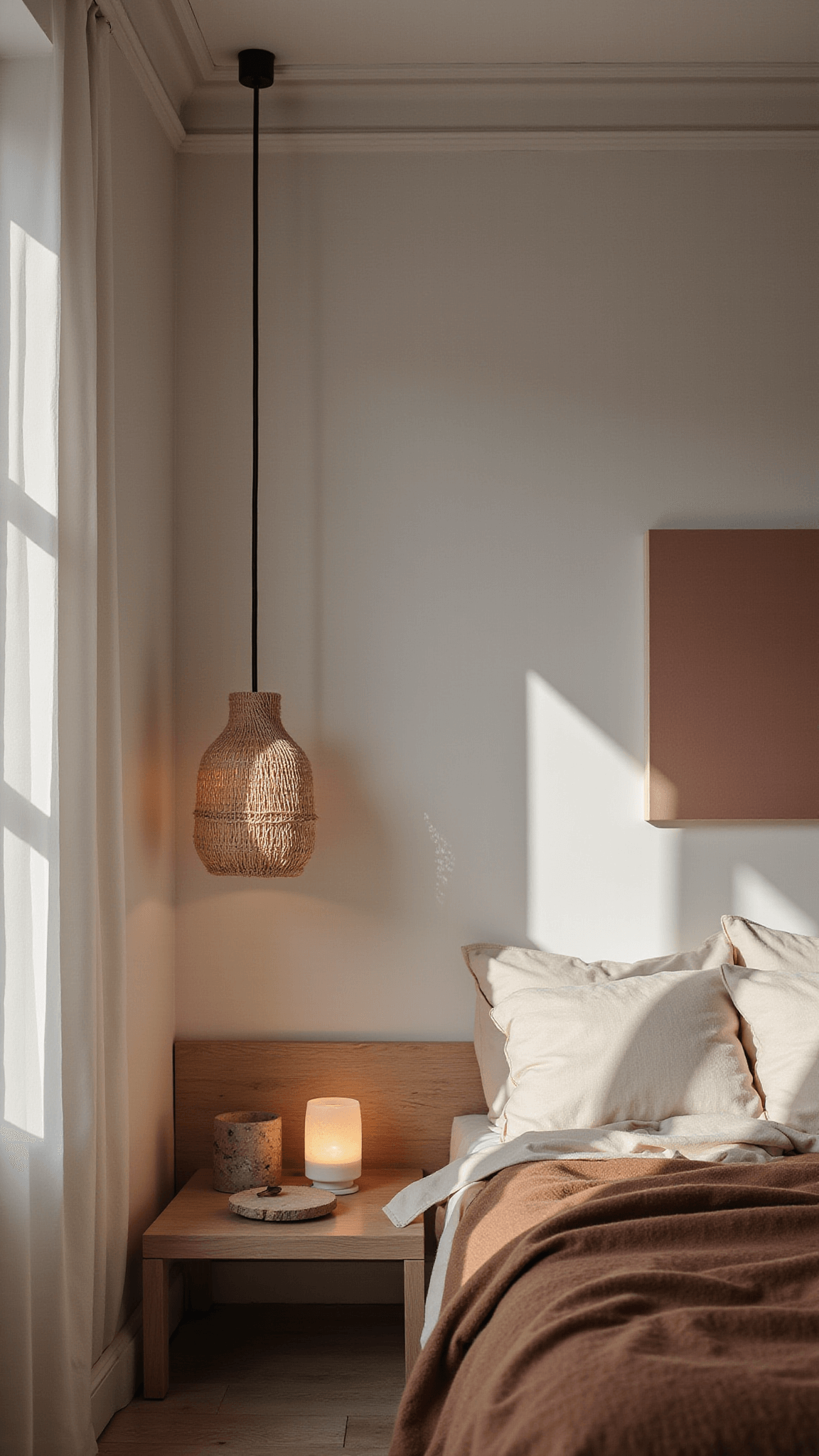 Minimalist bedroom corner at dusk with 12ft ceilings, crown molding, jute pendant light, bleached oak platform bed in wheat-toned linens, dusty rose artwork, and Himalayan salt lamp glow.