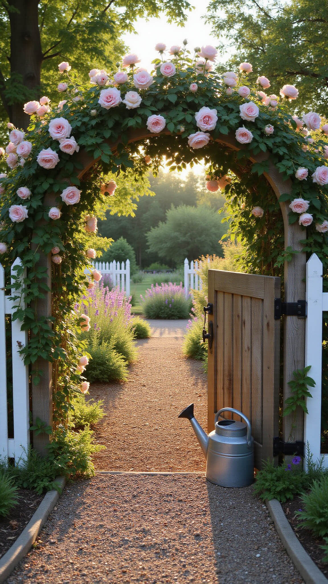 Rustic wooden garden gate with pale pink roses, lavender, and catmint at golden hour, leading to a distant cottage garden.