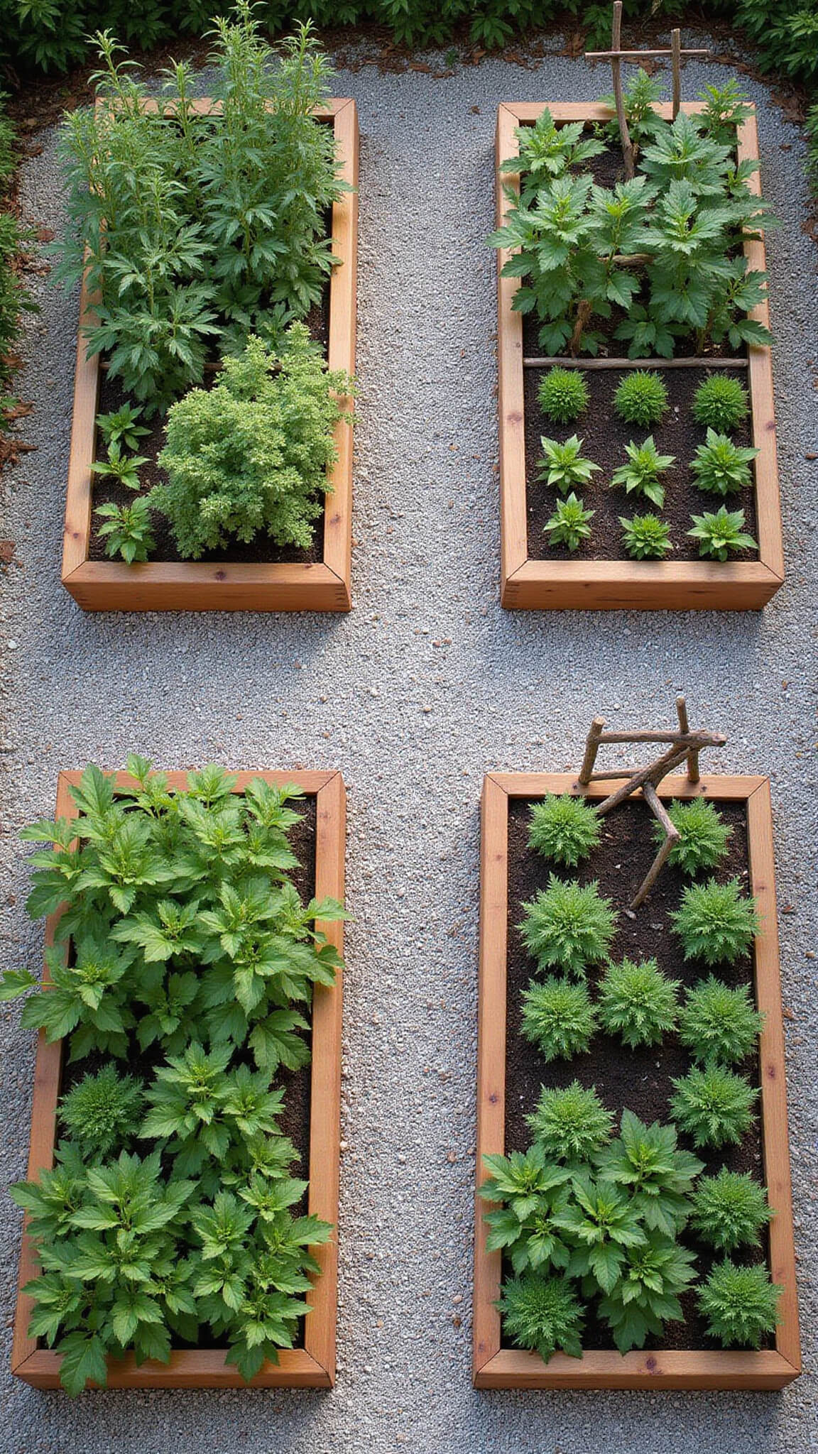 Overhead view of a geometric cedar-raised kitchen garden with four 4x8 beds bordered by gravel paths, morning light casting diagonal shadows over lush vegetable rows and handmade supports.