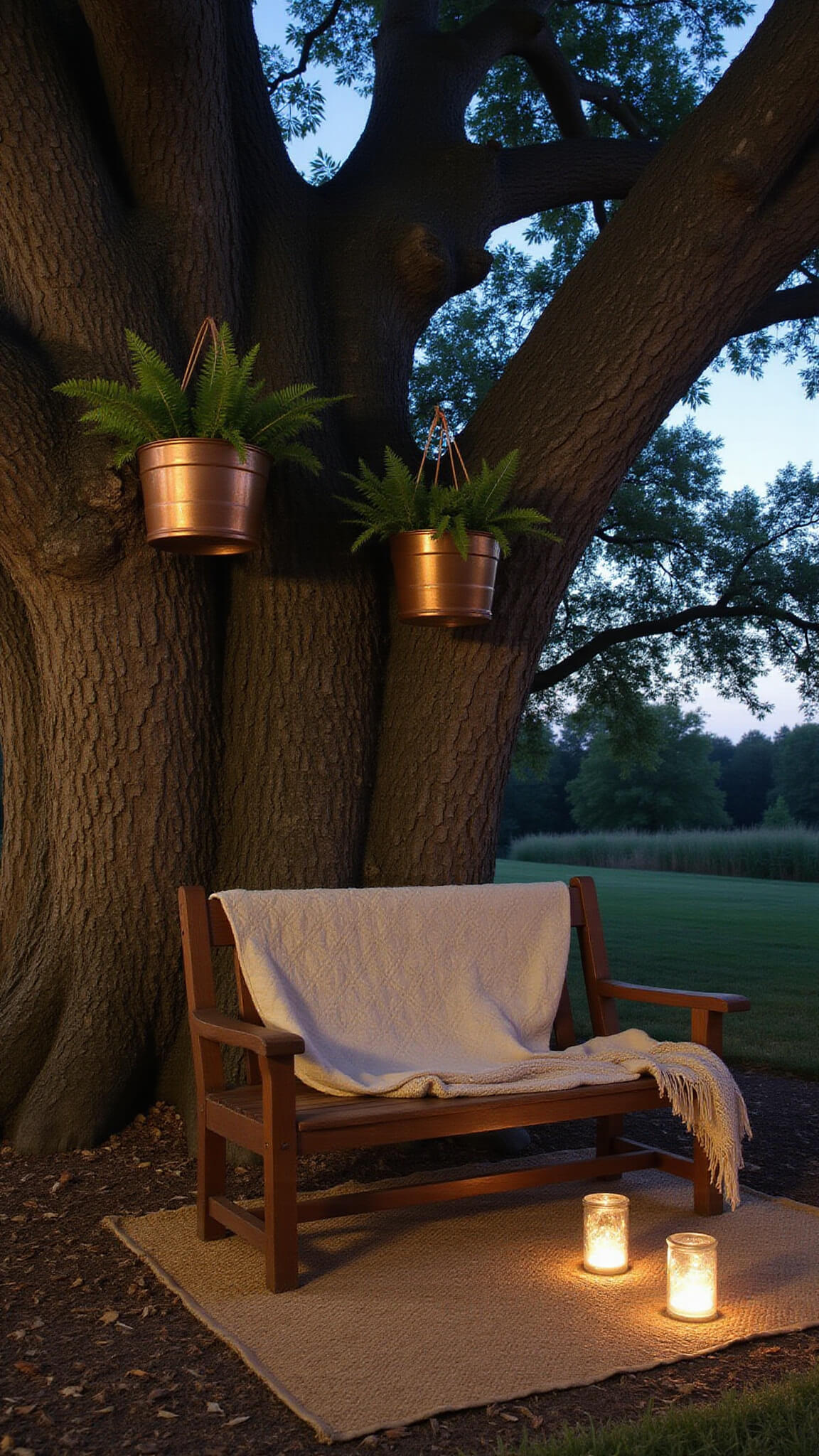 Cozy outdoor sitting area under a large oak tree at dusk with a rustic wooden bench, hanging ferns in copper baskets, solar lanterns, quilted throw, and jute rug.