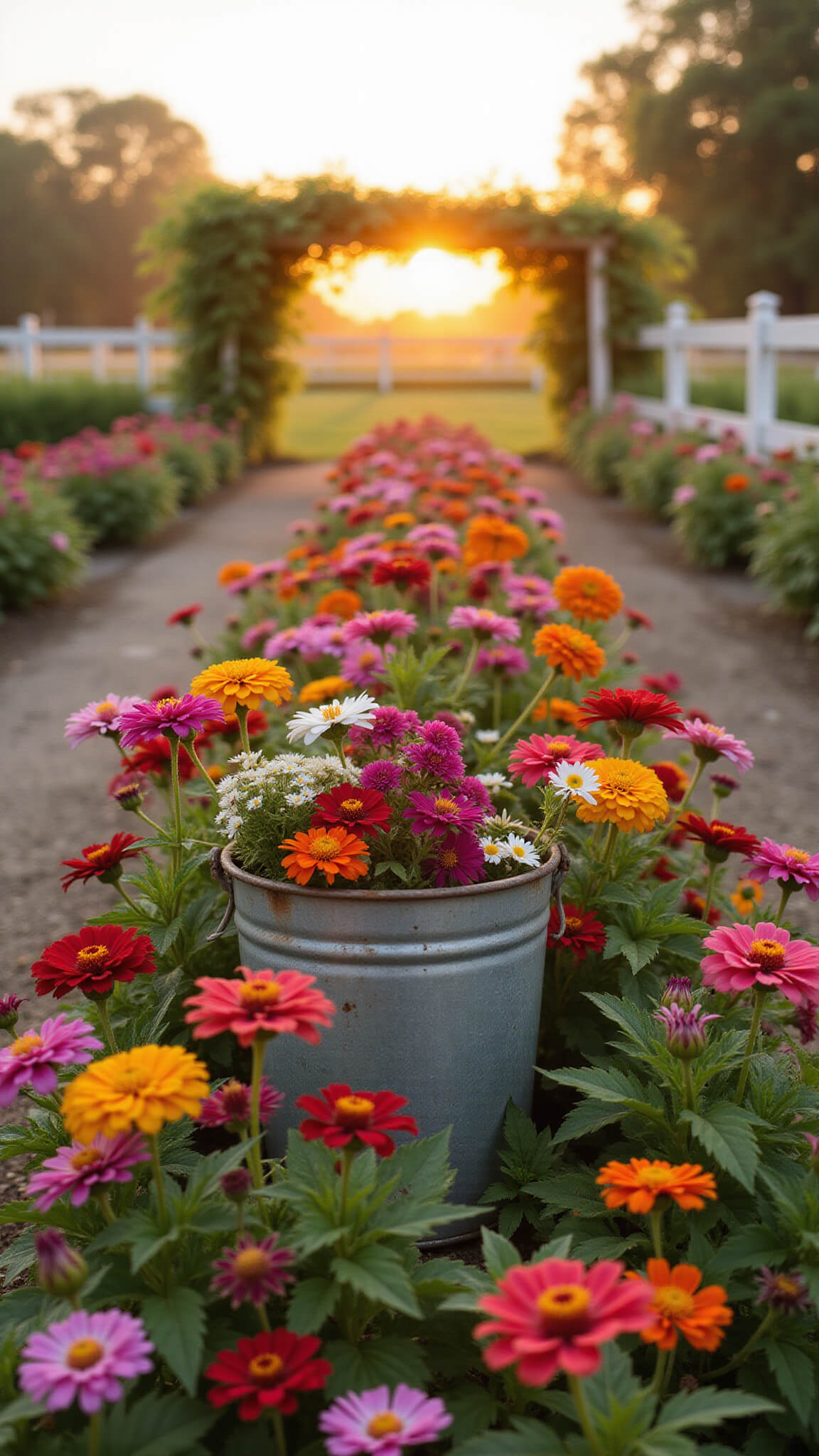 Colorful summer cutting garden at sunrise with rows of blooming zinnias, cosmos, and dahlias, a white picket fence covered in morning glories, and a metal bucket of freshly cut flowers in golden morning light.