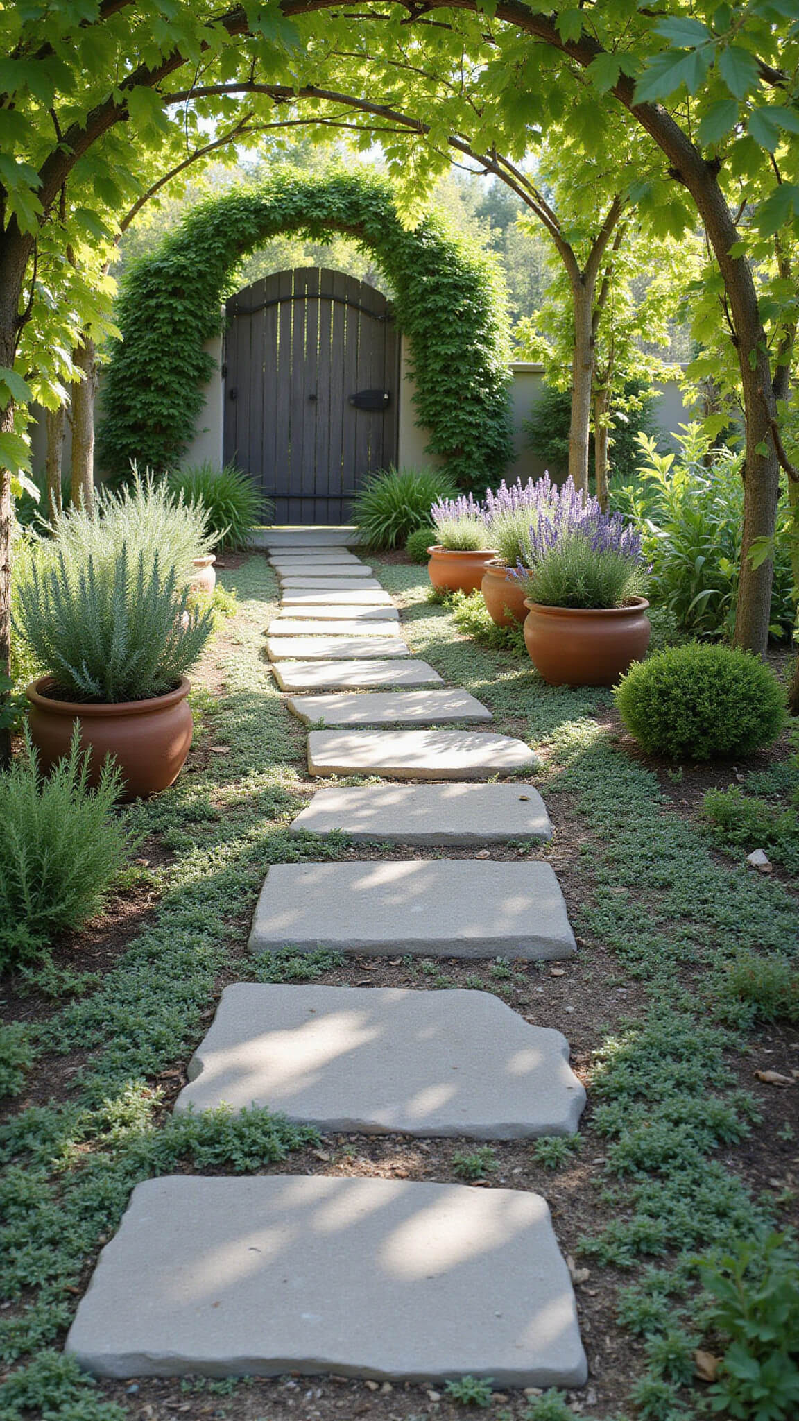 Ground-level view of a bluestone path set in creeping thyme, lined with terra cotta pots of sage, rosemary, and lavender, under a grape arbor with dappled sunlight and framed by an old iron garden gate.