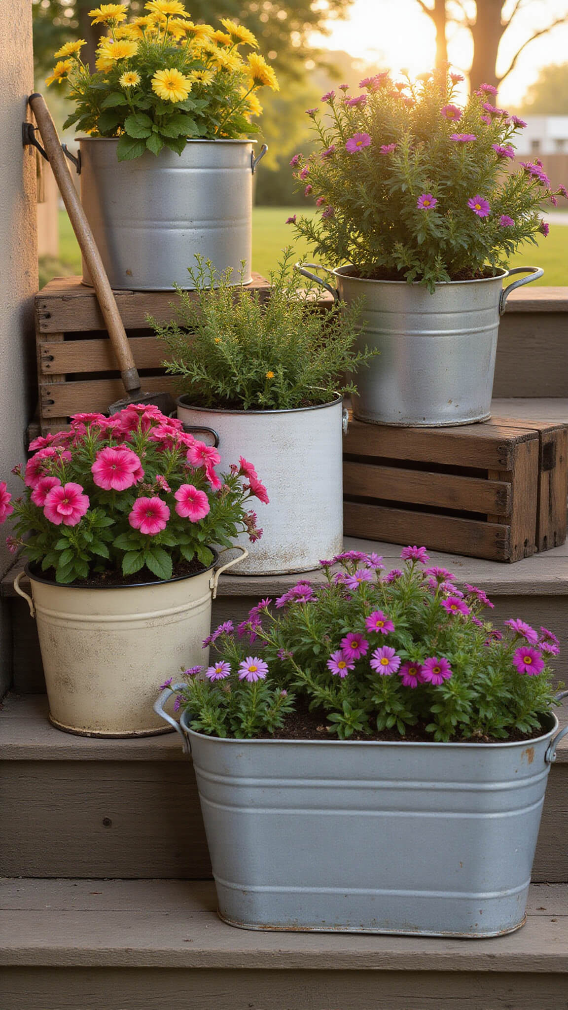 Vintage container garden with petunias and sweet alyssum in weathered tubs and crates on rustic wooden steps at sunset, rim-lit by golden hour sun.