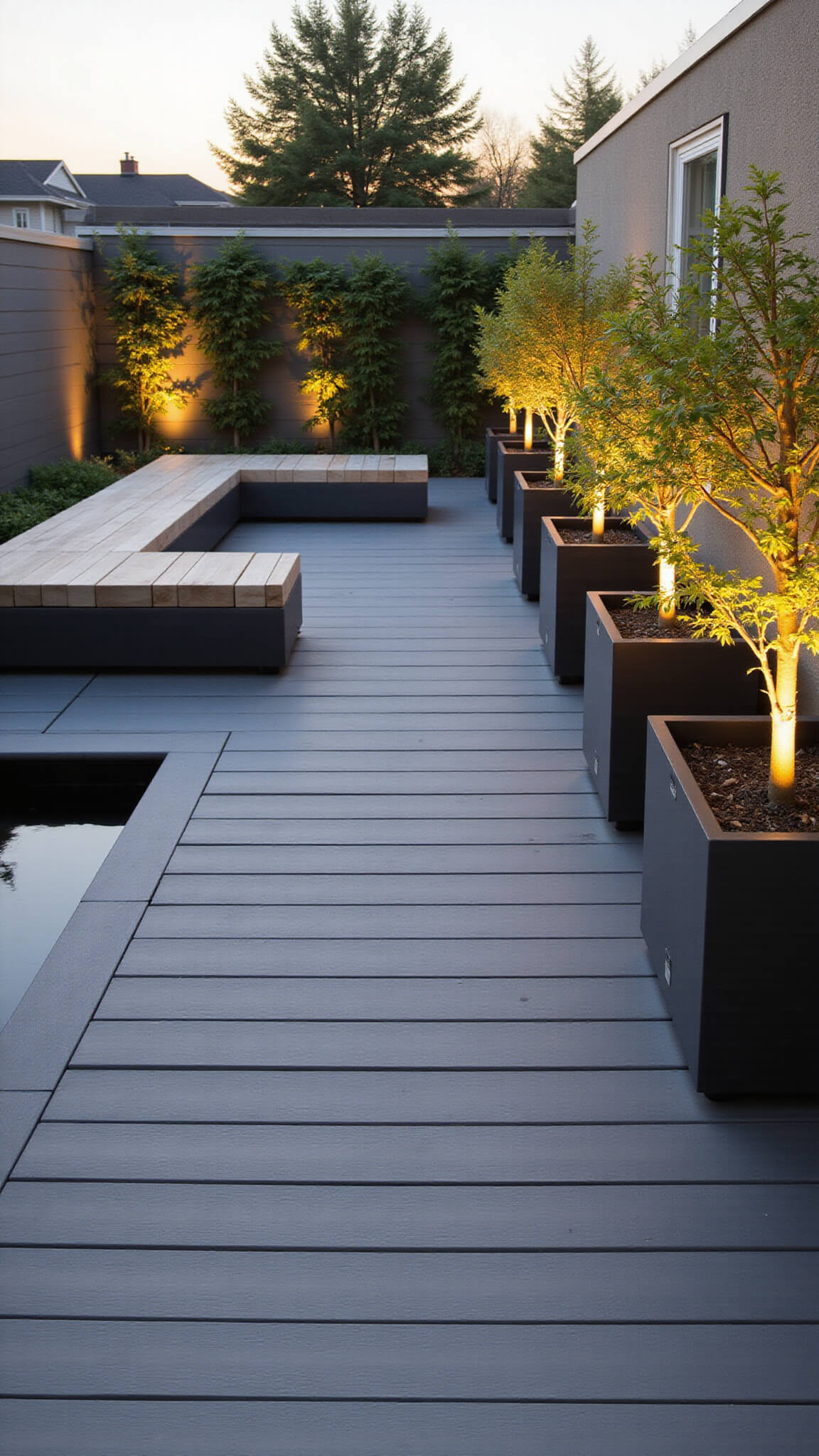 Minimalist urban courtyard garden at sunset with raised gray decking, sleek reflection pool, built-in teak bench, illuminated Japanese maples, and lush vertical garden wall.