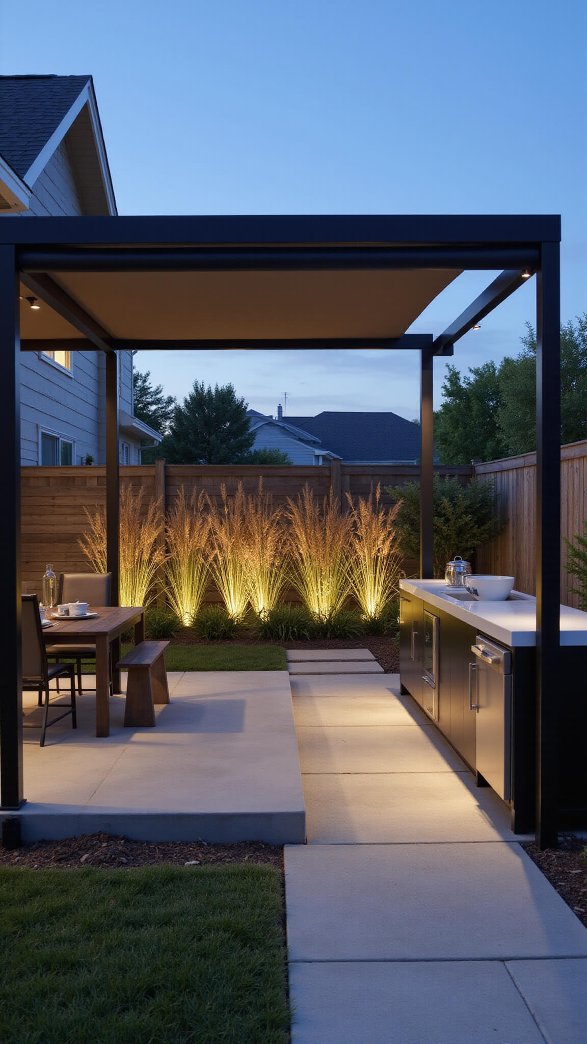 Modern suburban outdoor room at twilight with geometric gray pavers, black steel pergola, sleek outdoor kitchen, and backlit tall grasses.