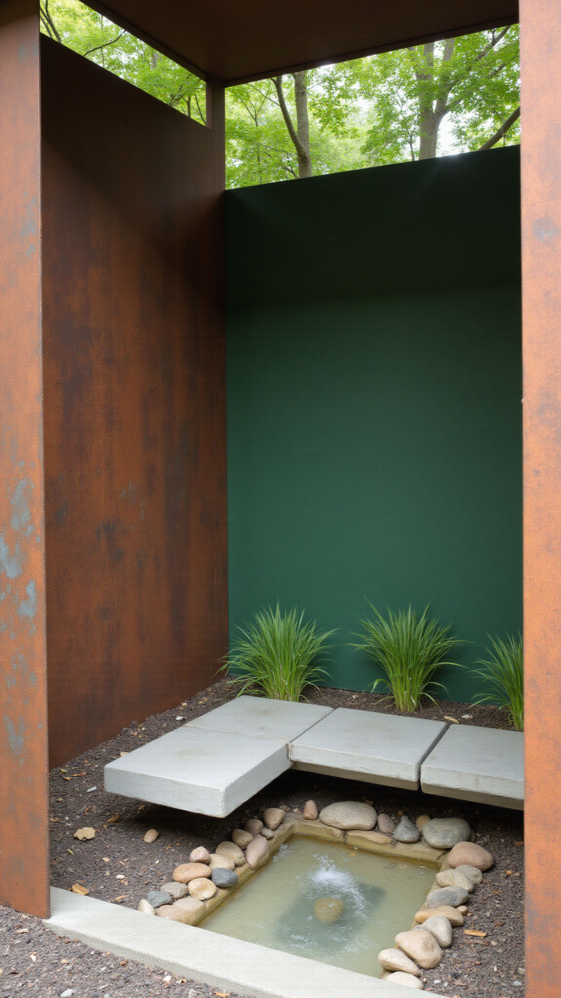 Contemporary garden reading nook with rusted cor-ten steel walls, floating concrete bench, black bamboo, Japanese forest grass, and a small river rock water channel in morning light.