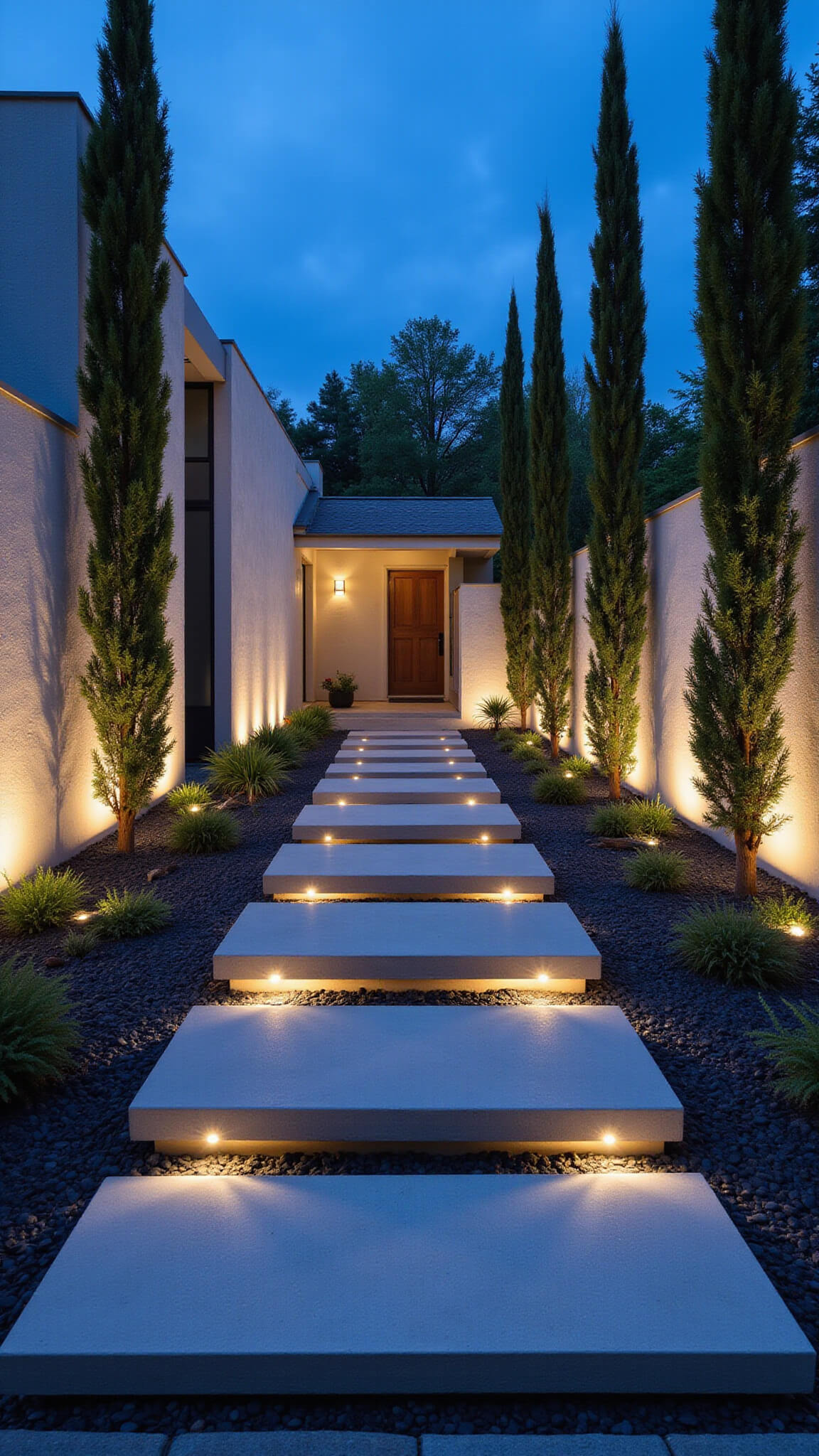 Modern garden entrance at blue hour with floating concrete pathway, LED-lit textured wall, columnar Blue Atlas cedars, and reflective sheet water feature.