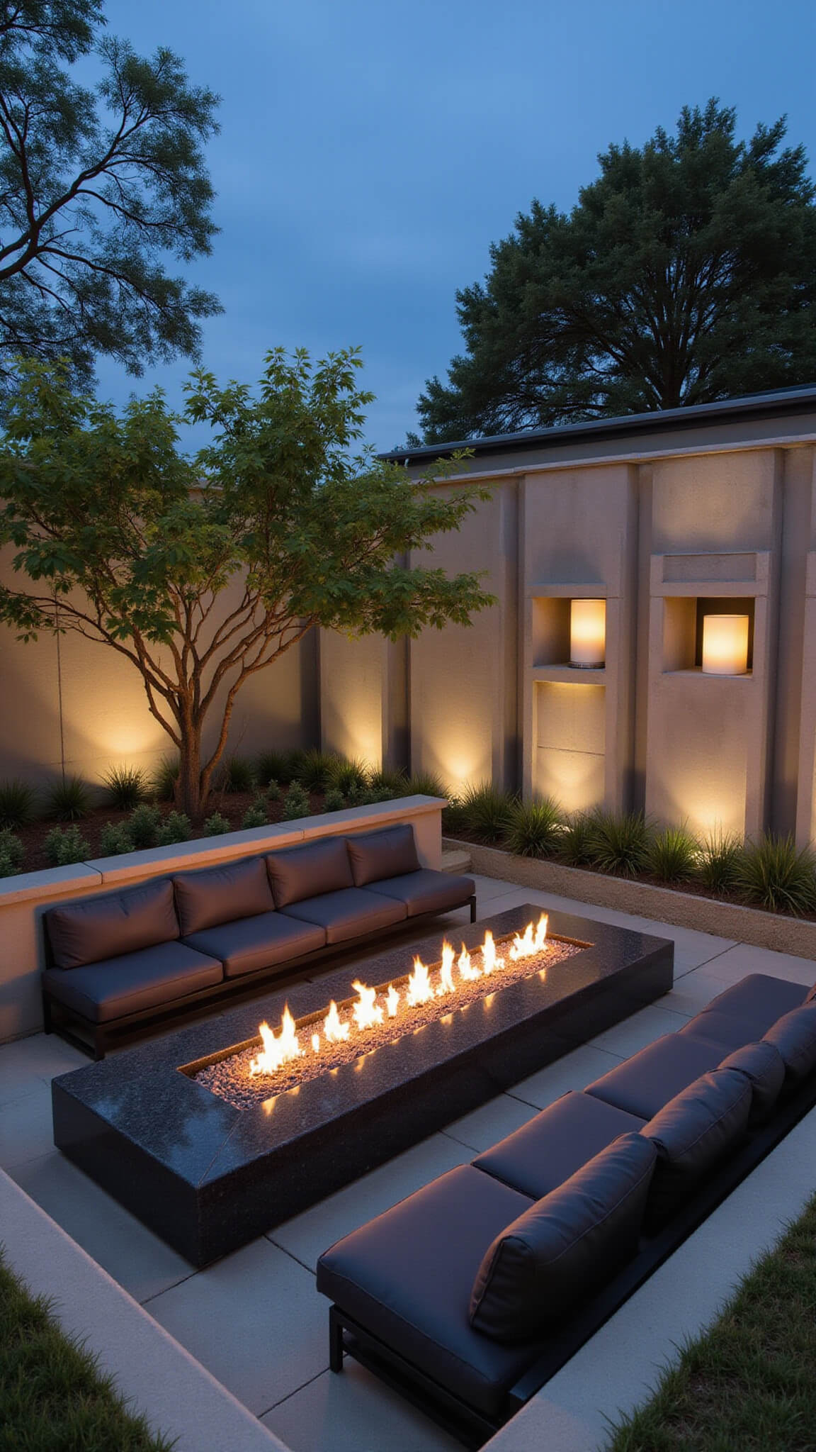Modernist sunken fire pit lounge with concrete walls, linear gas fire, charcoal sectional, dragon tree, and glowing cube lights at dusk.