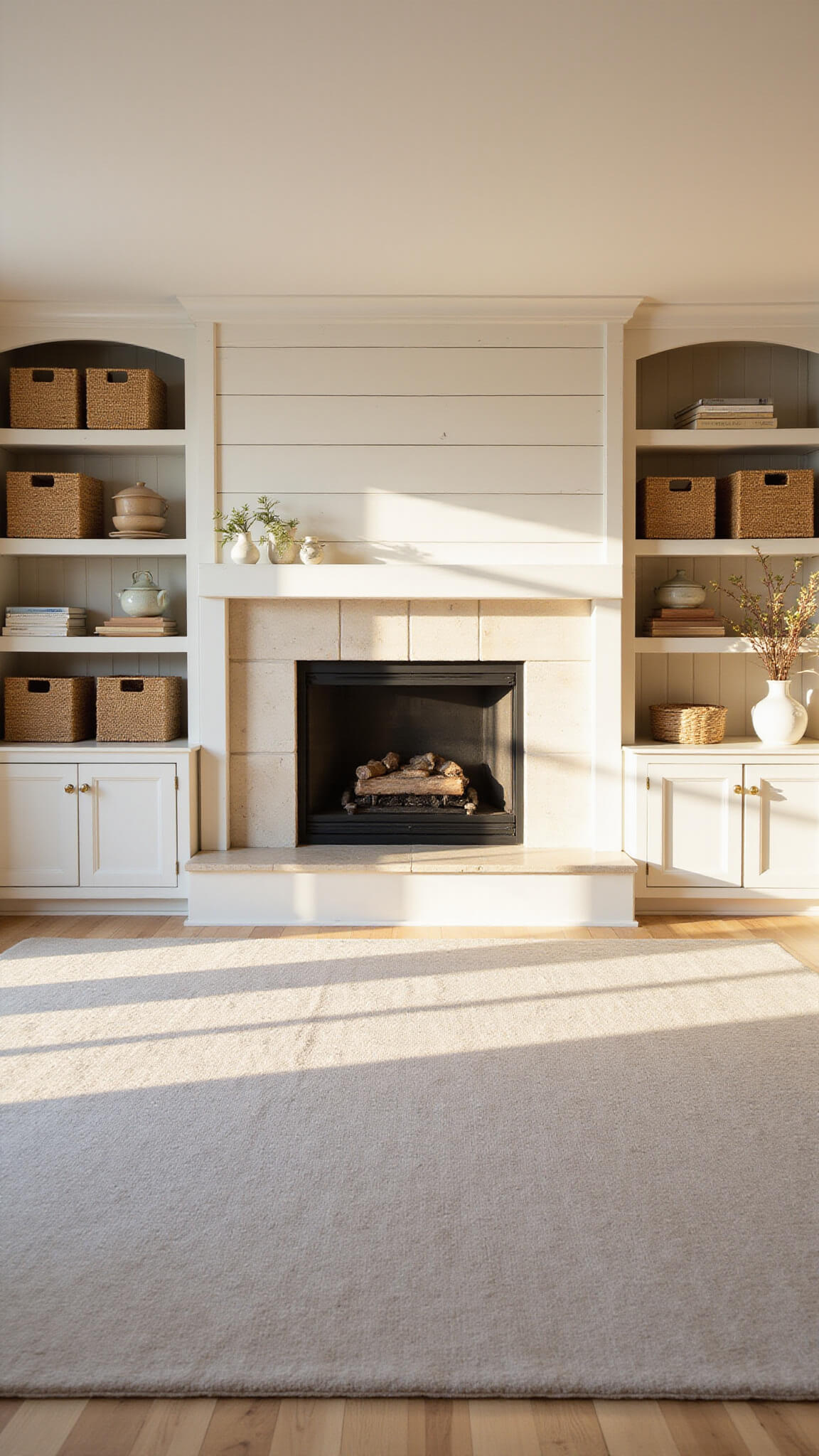 Warm 12x18ft living room at golden hour with sunlight through sheer curtains, central limestone fireplace, farmhouse-style built-ins with shiplap, vintage decor, and natural wood accents.