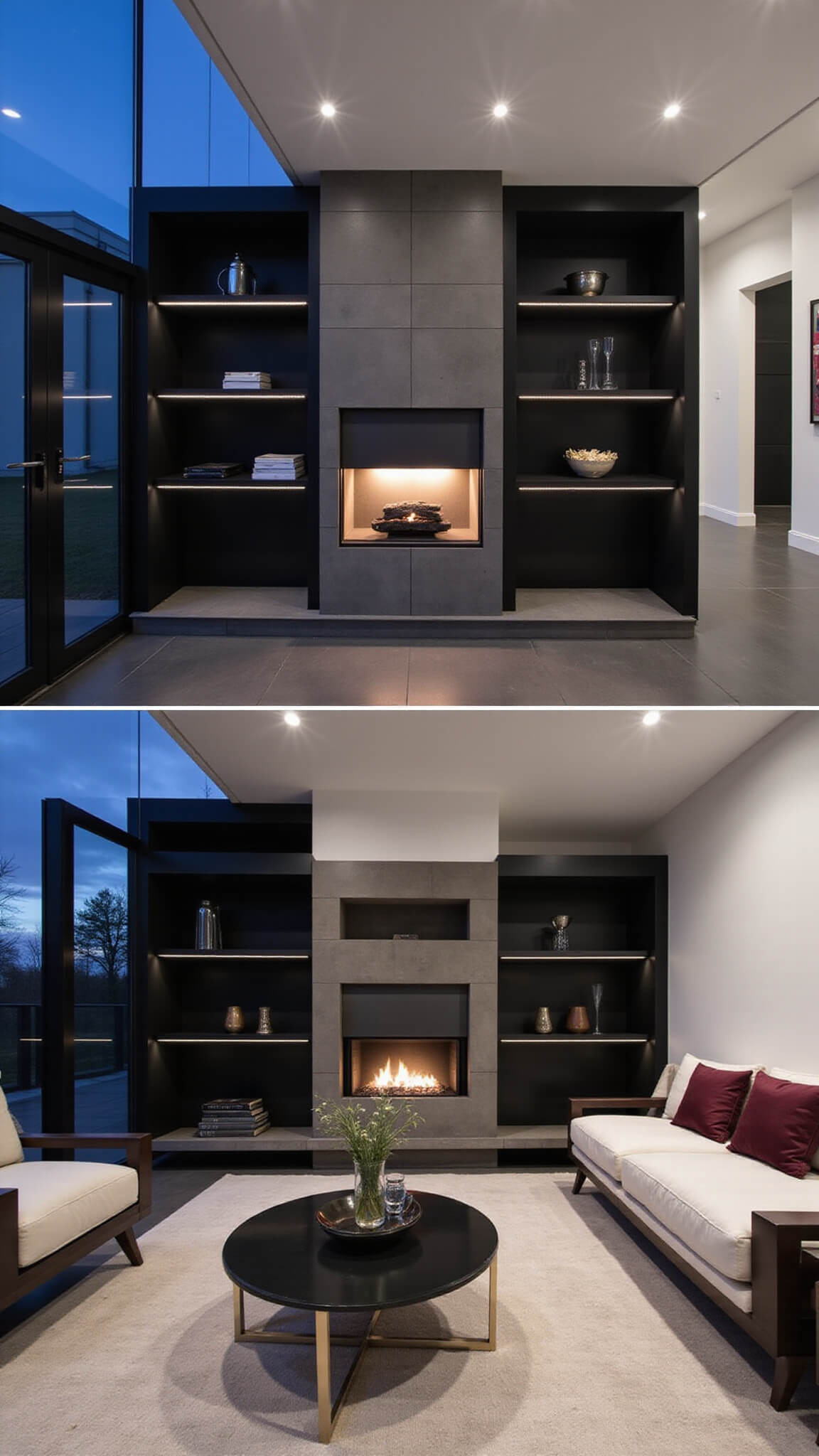 Modern living room at dusk with black built-ins, floating shelves, LED lighting, and burgundy accents against white walls and a concrete fireplace.