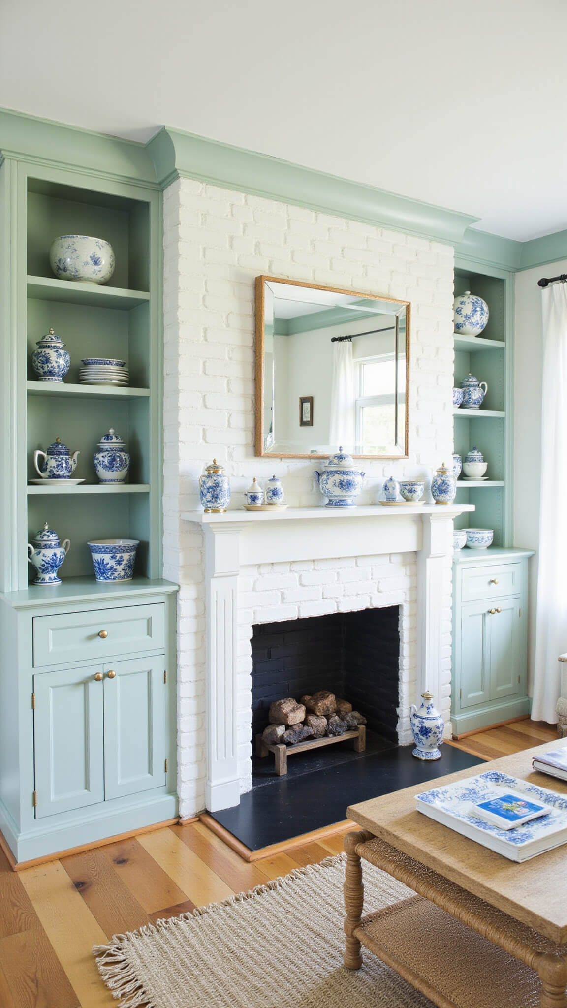 Coastal living room with seafoam green built-ins, white brick fireplace, blue-and-white ceramics, and natural rattan accents in soft morning light.