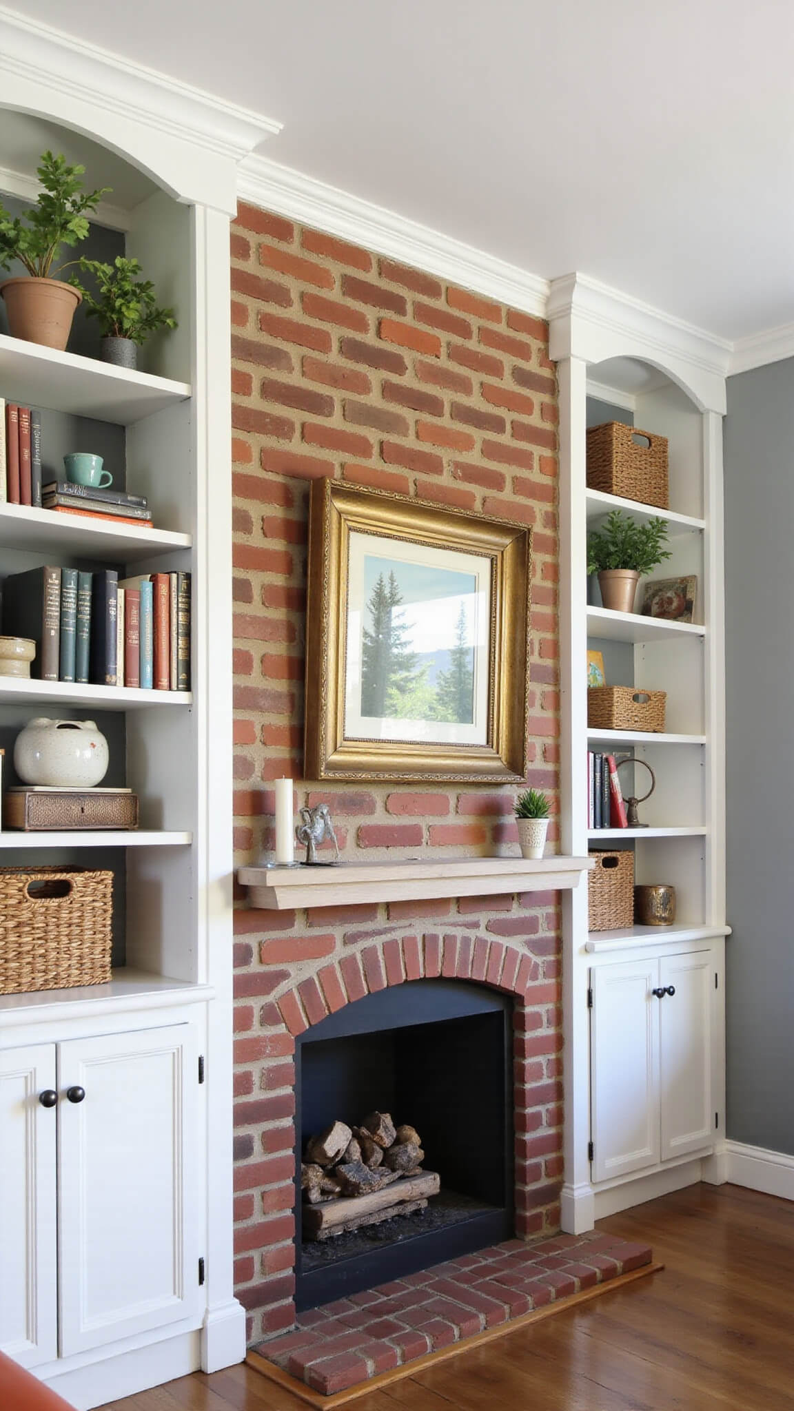 IKEA Billy bookcase hack flanking fireplace with custom trim and crown molding, styled shelves with books, baskets, and vintage decor in warm gray room.