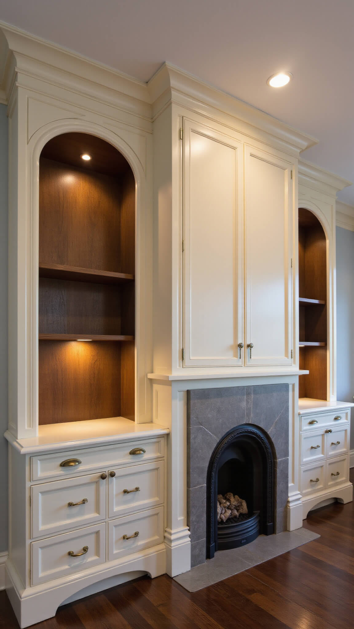 High-end built-in cabinetry with arched designs, integrated LED lighting, walnut interiors, and ambient fireplace glow during blue hour.