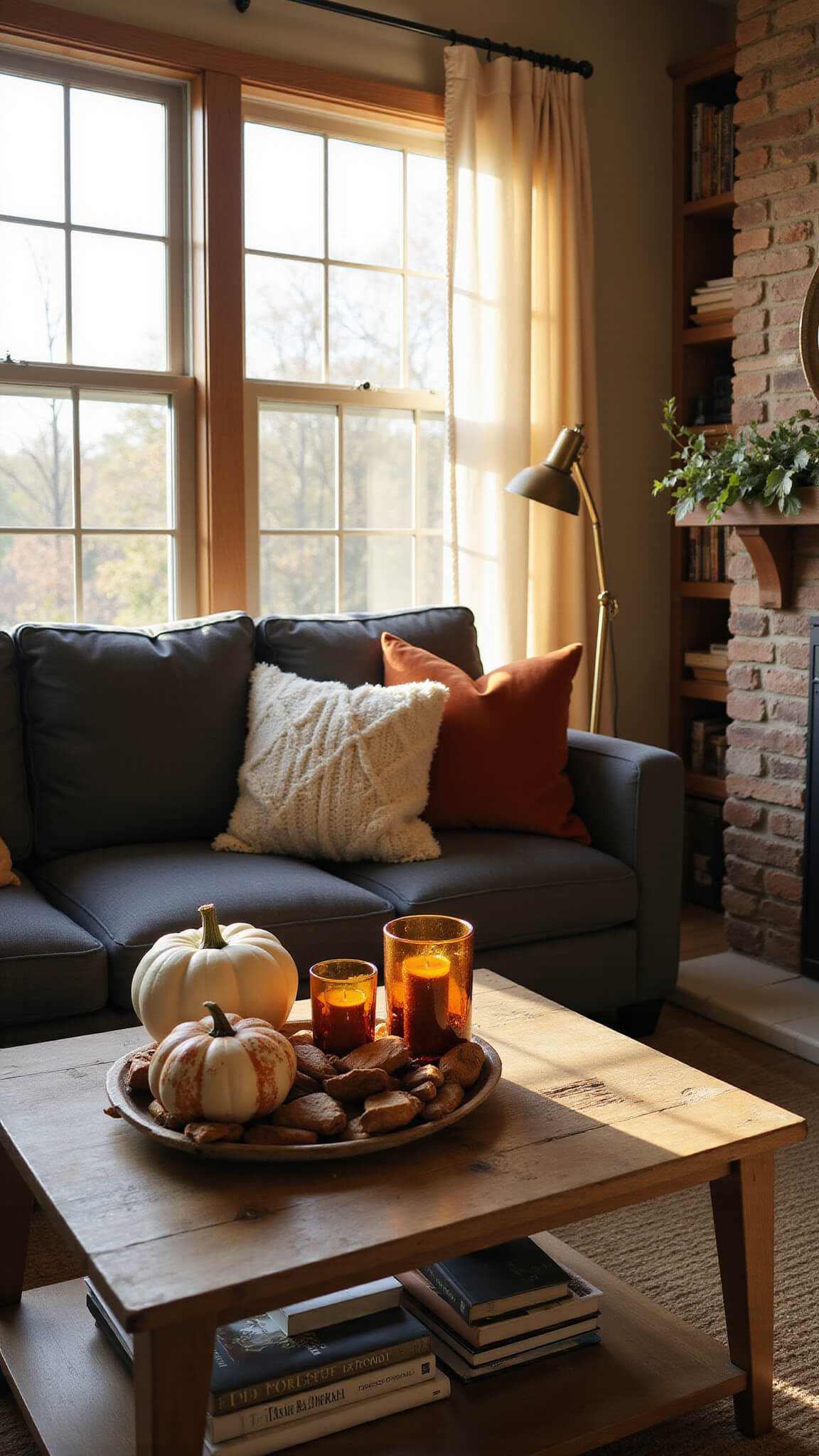 Cozy living room with charcoal gray sectional, autumnal decor, golden hour sunlight through tall windows, and stone fireplace adorned with fall garland.