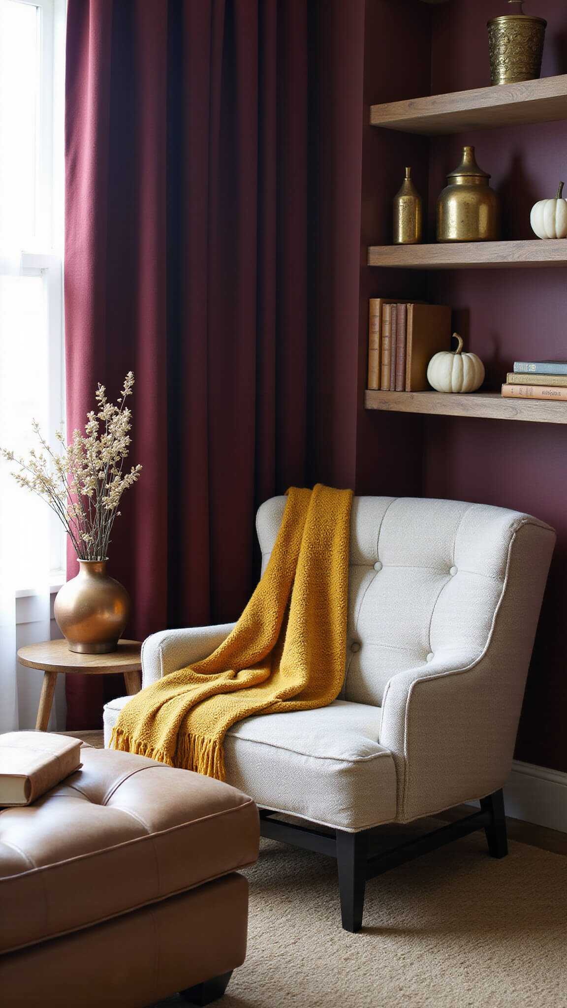 Cozy reading nook with oatmeal linen armchair, mustard throw, leather ottoman, brass decor, and morning light through burgundy curtains.