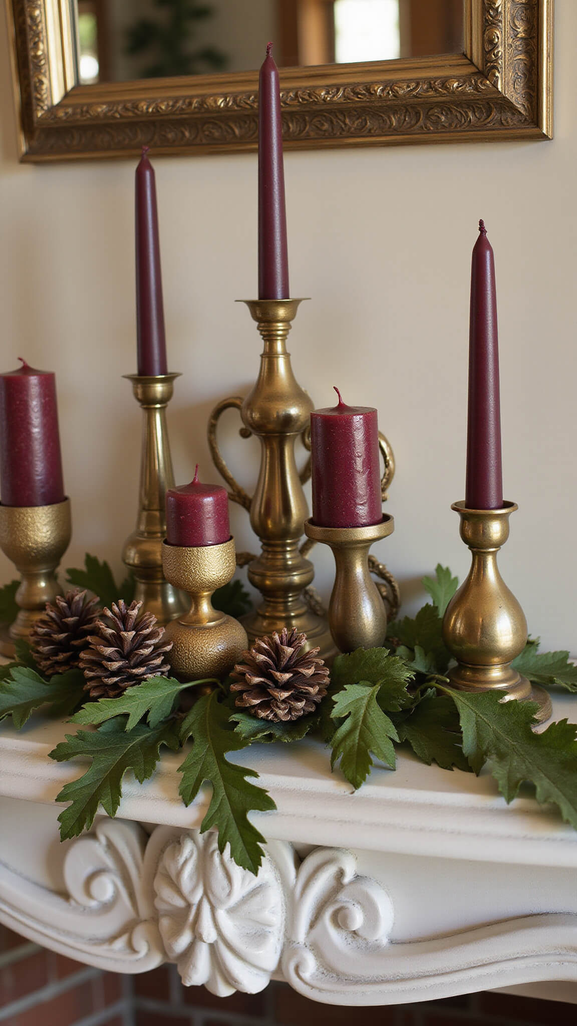 Close-up of a traditional mantel vignette with gold-dipped pinecones, burgundy candles in vintage brass holders, preserved oak leaf garland, and an Art Deco mirror reflecting warm afternoon light.