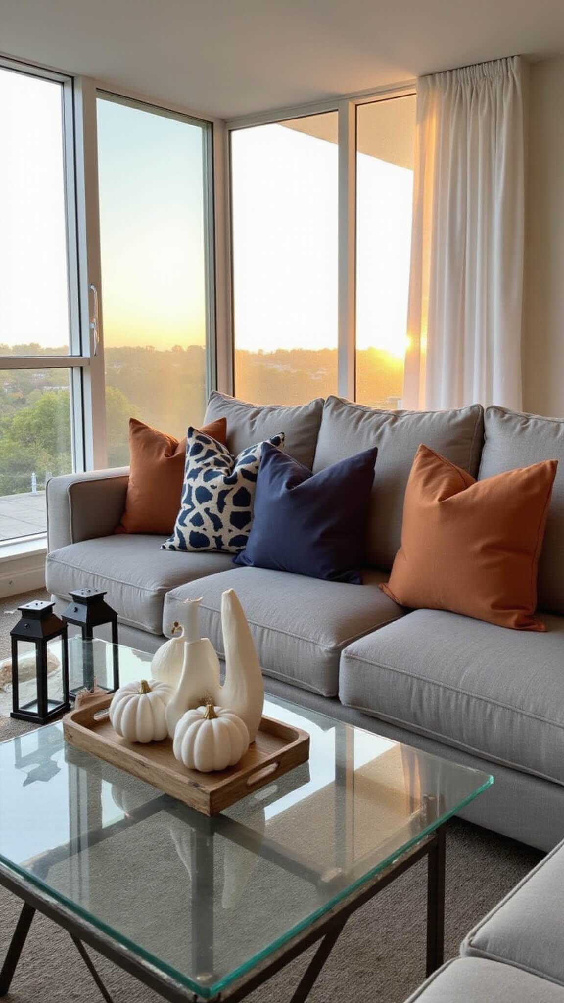 Aerial view of a modern open-concept living room at sunset with a gray sectional, geometric pillows, glass coffee table with ceramic pumpkins and lanterns, and floor-to-ceiling windows with white curtains.