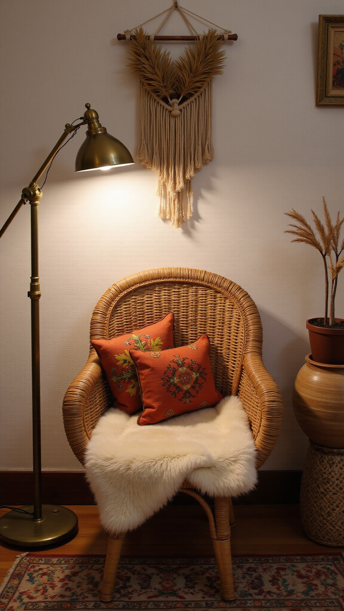 Bohemian reading corner with rattan peacock chair, cream sheepskin, rust and amber pillows, macramé wall hanging, pampas grass, brass floor lamp, and vintage kilim rug in warm twilight.