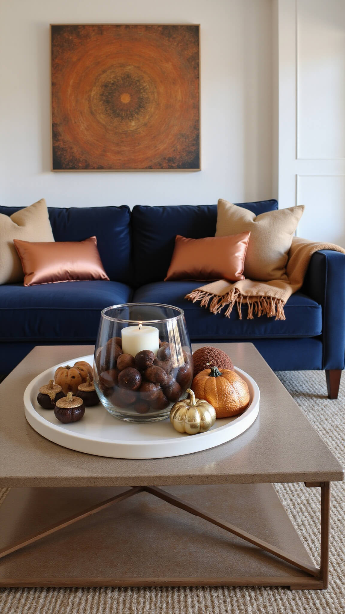 Moody transitional living room with navy velvet sofa, copper pillows, chunky camel throw, styled coffee table with autumn decor, and abstract fall artwork in burnt orange tones.
