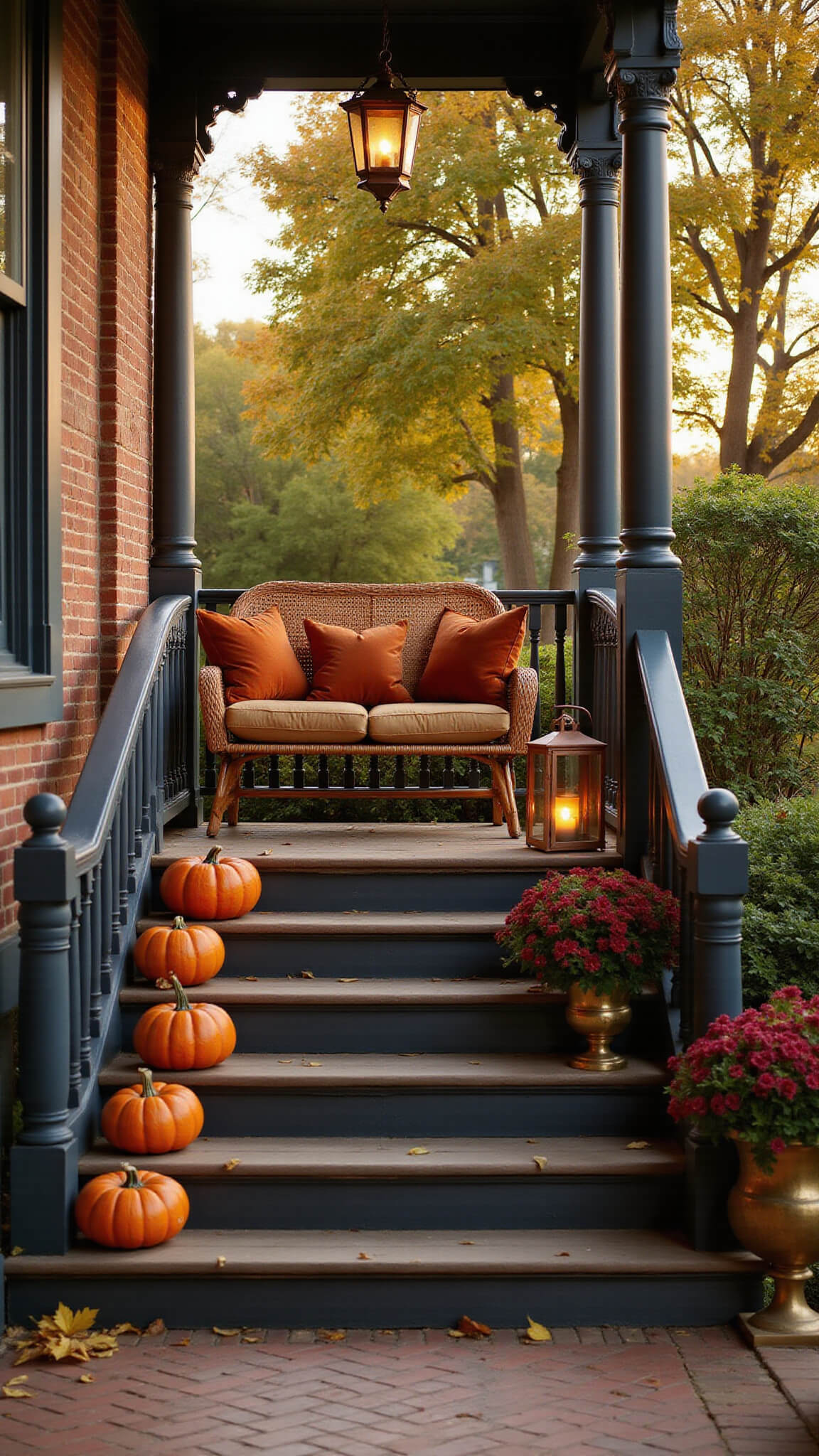 Victorian porch at golden hour with rattan swing, terracotta pumpkins, copper lantern, and burgundy mums in brass planters, viewed from ground level.