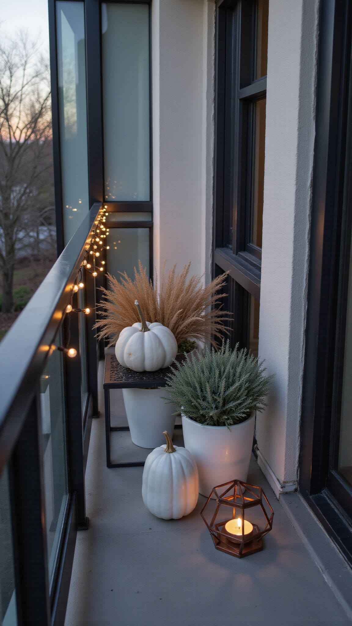 Minimalist apartment balcony at dawn with LED-lit metal railing, white planters with ornamental grasses, ghost pumpkin on black table, copper lantern, viewed through glass doors.