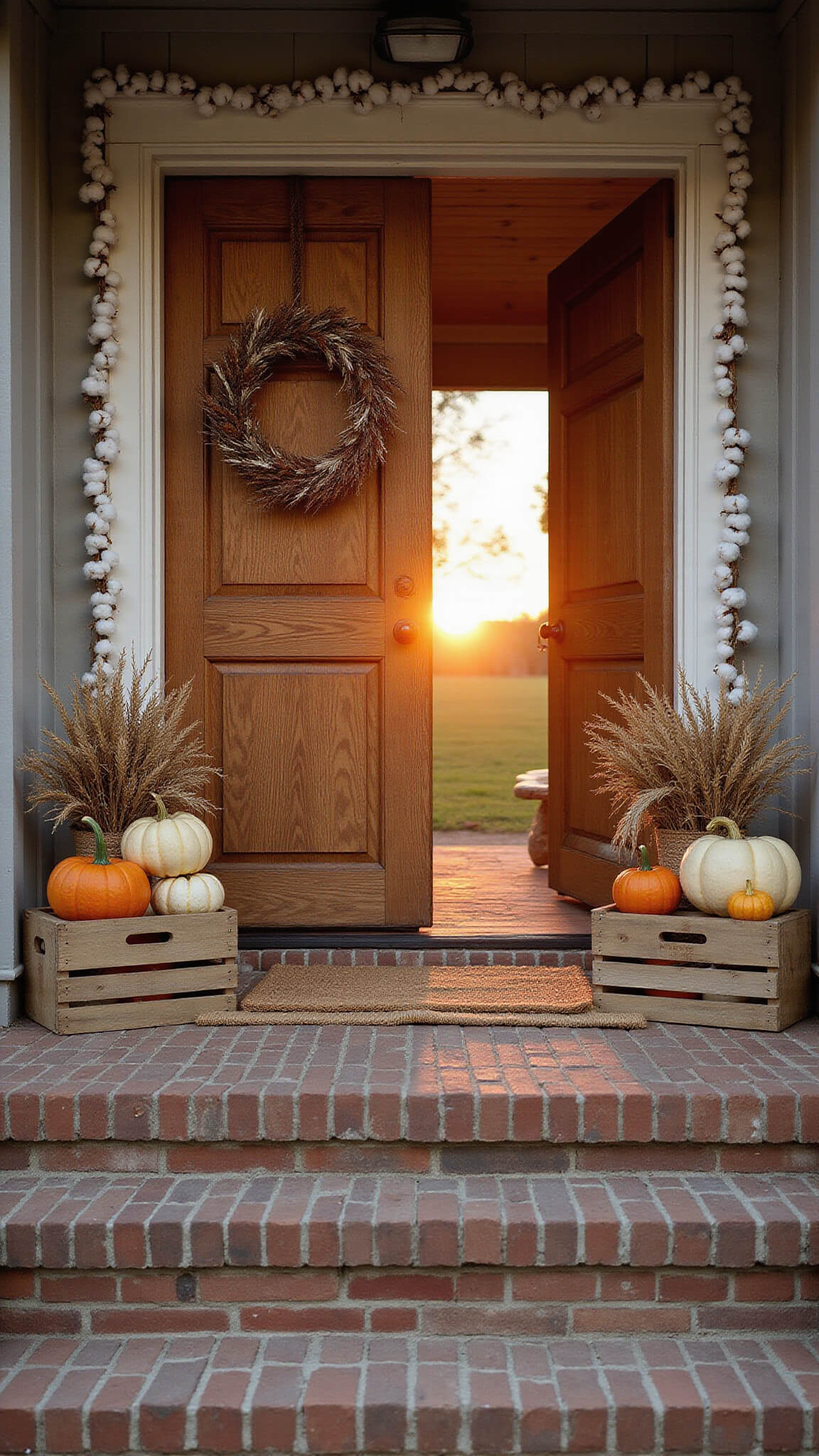 Rustic farmhouse entrance at sunset with weathered wooden double doors, vintage brick steps, heirloom pumpkins in apple crates, and a cotton garland framing a wreath with pheasant feathers and dried wheat.