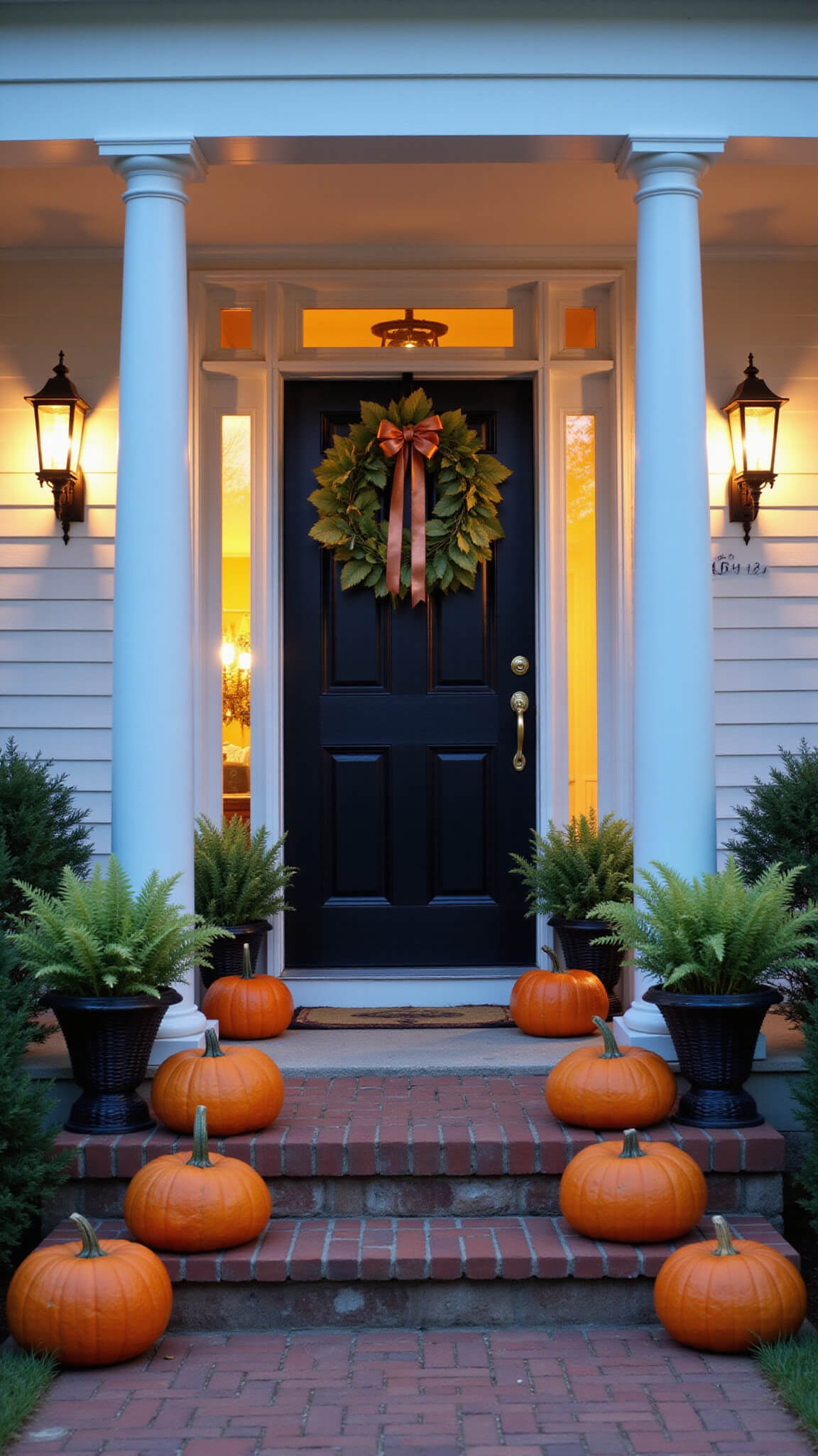Colonial entryway at twilight with white columns, black door, orange pumpkins, magnolia wreath, iron lanterns, Boston ferns, and autumn landscape lighting.