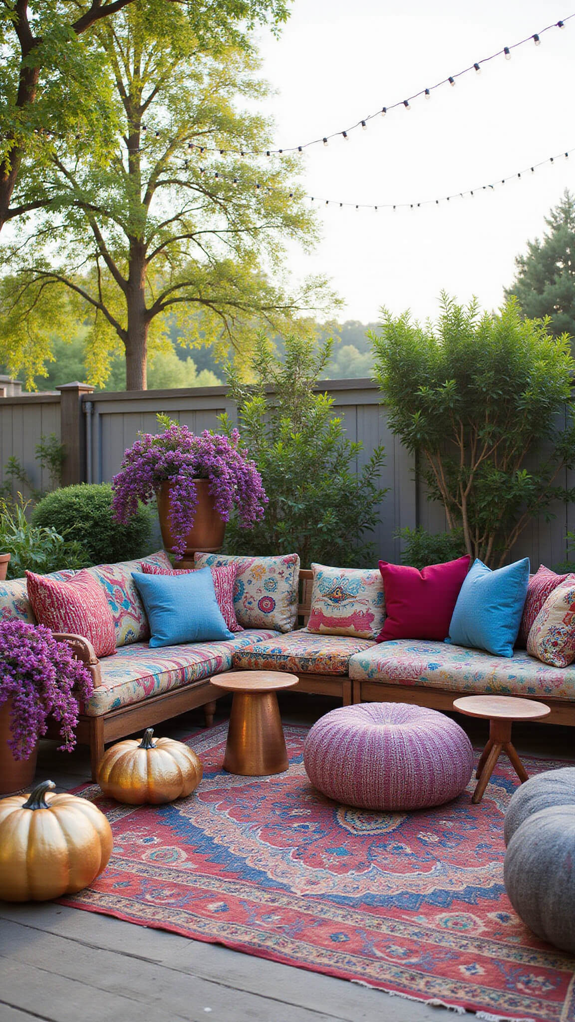 Bohemian garden patio with Moroccan string lights, metallic pumpkins, kilim poufs, low tables, copper plant stands with purple vines, and jewel-toned pillows in warm late afternoon light.