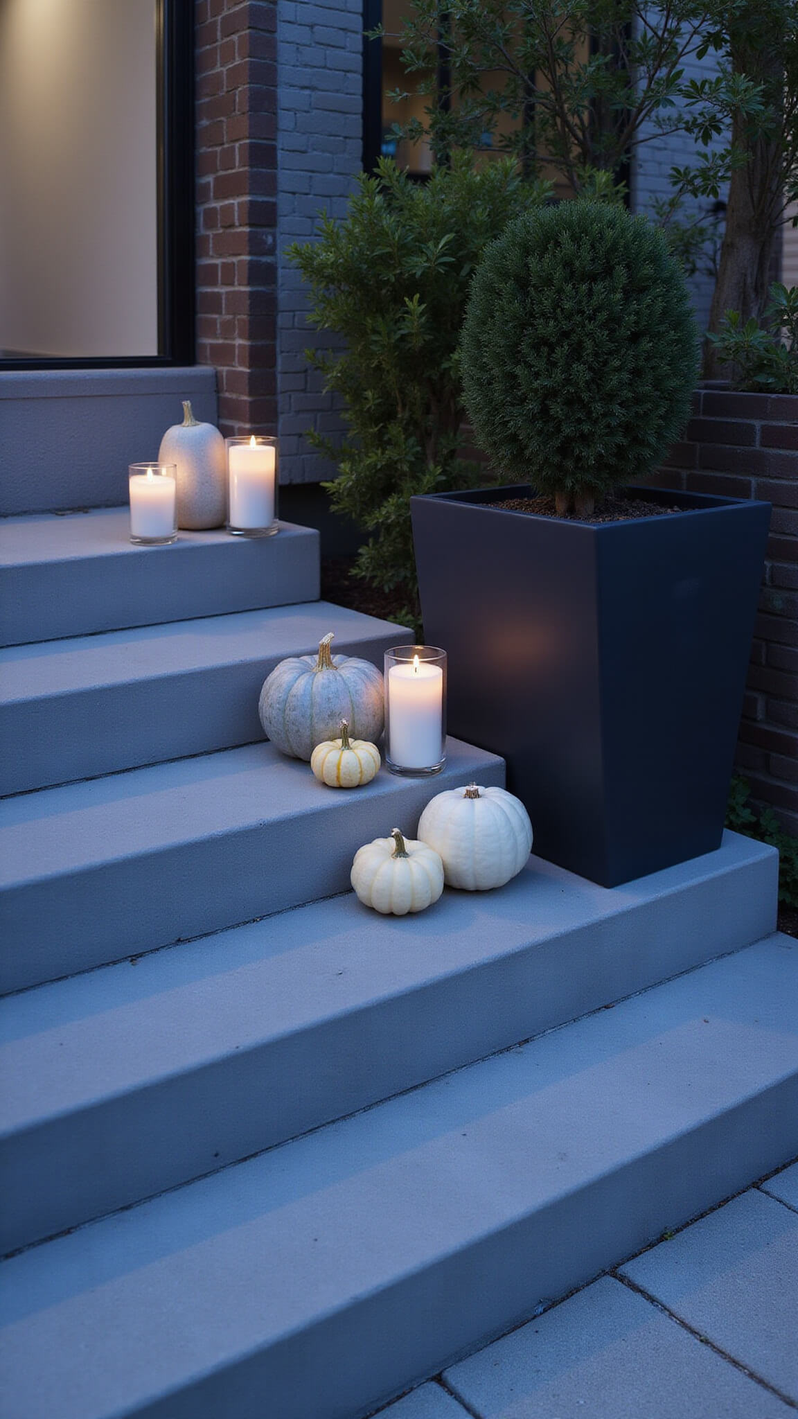 Modern urban stoop at blue hour with concrete steps, white and gray pumpkins in geometric pattern, glass hurricane lights, black planter with olive topiary, and illuminated matte black house numbers.