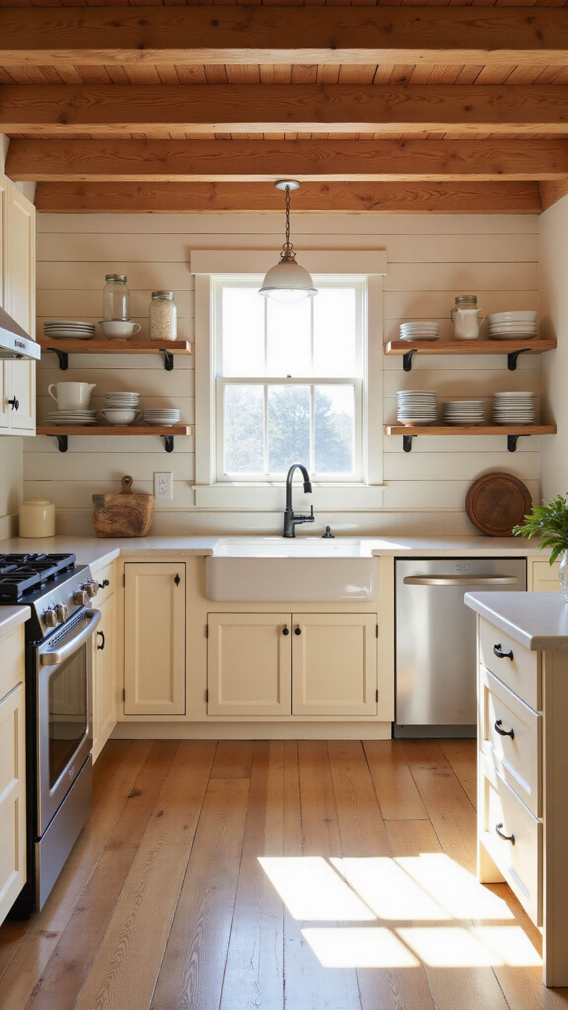 Cozy farmhouse kitchen with golden morning light, white oak floors, cream shiplap walls, farmhouse sink, open shelves with white dishes, and exposed wooden beams.