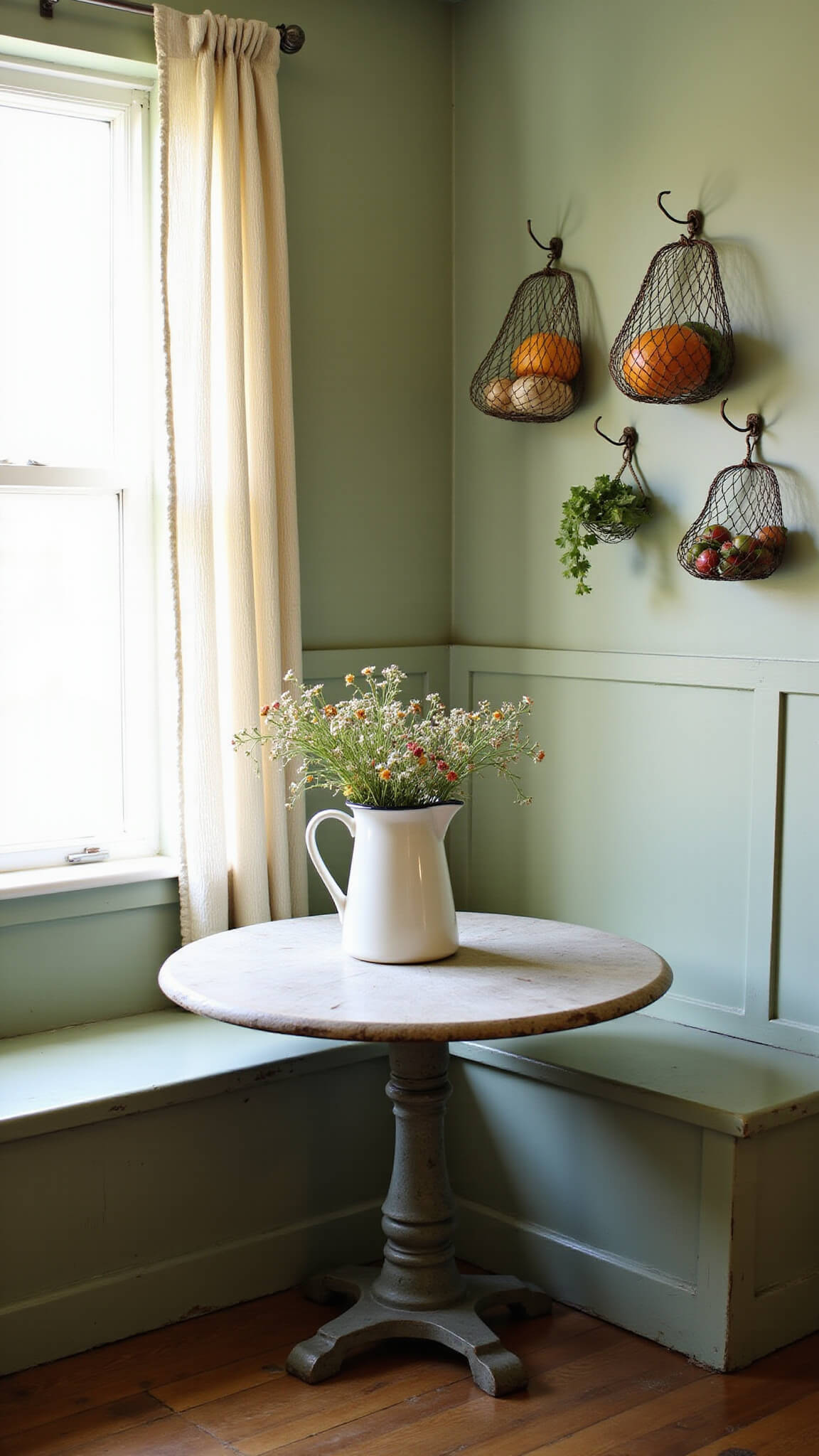Vintage farmhouse kitchen nook with pedestal table, built-in benches, wildflowers in enamel pitcher, and sunlit sage green walls.