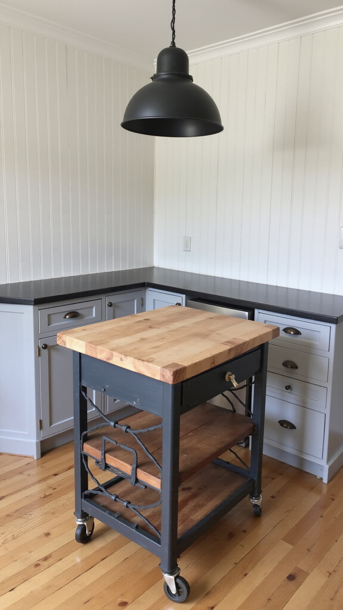 Compact 10x12 ft kitchen with repurposed library cart island, butcher block top, matte black pendant light, white shiplap walls, gray cabinets with dark bronze hardware, viewed from above at 45-degree angle.