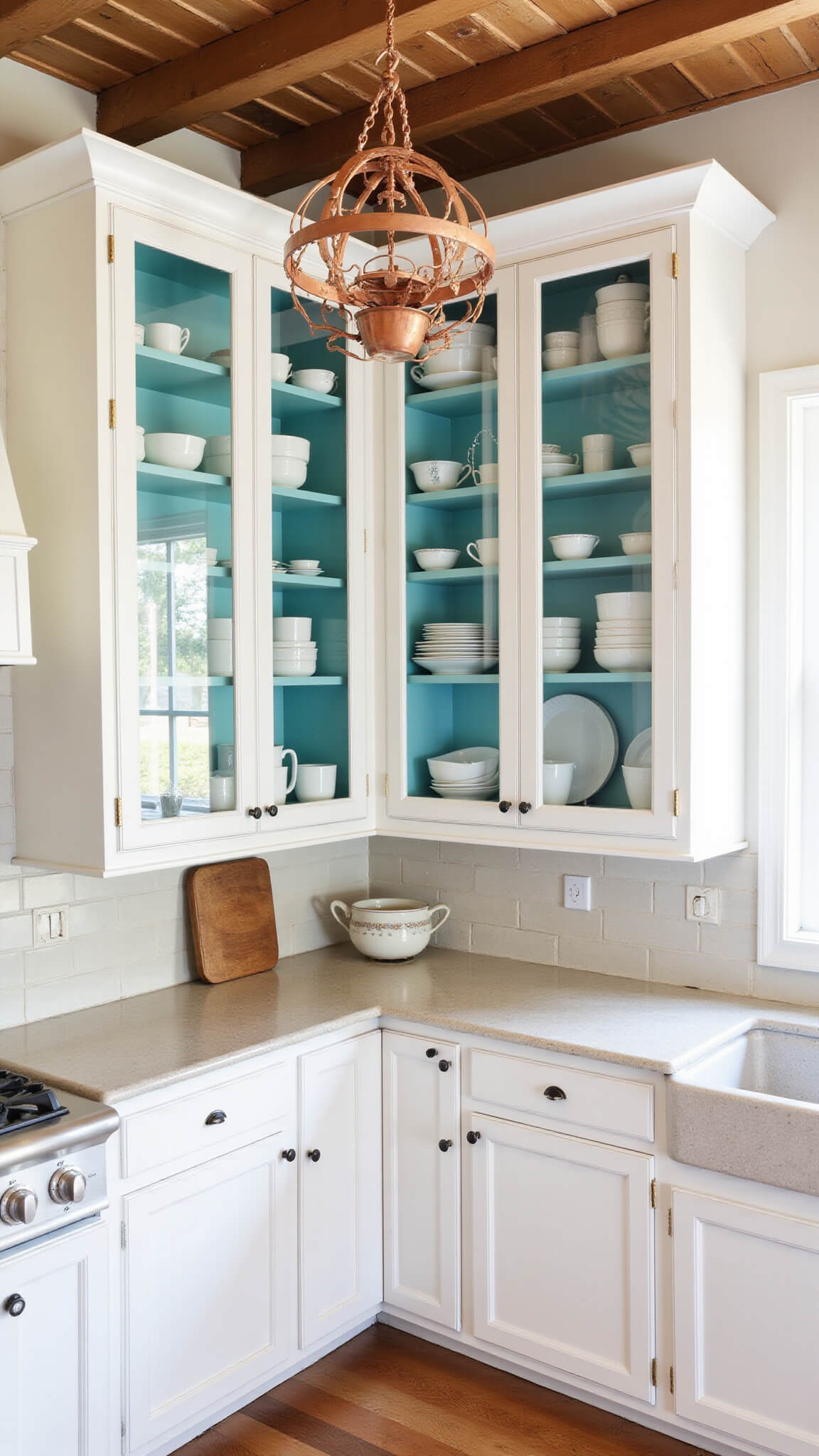 Corner kitchen with soft white glass-front cabinets, robin's egg blue interiors, white dishware, copper pot rack, exposed joists, and warm natural morning light.