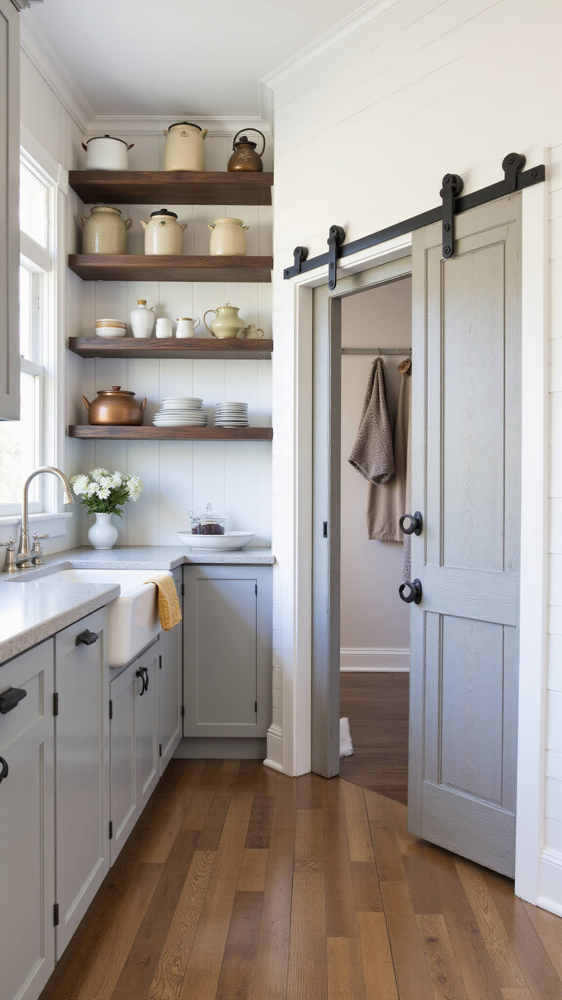 Galley kitchen with open shelving displaying vintage crocks and enamelware, white beadboard backdrop, and a weathered gray sliding barn door leading to a pantry.