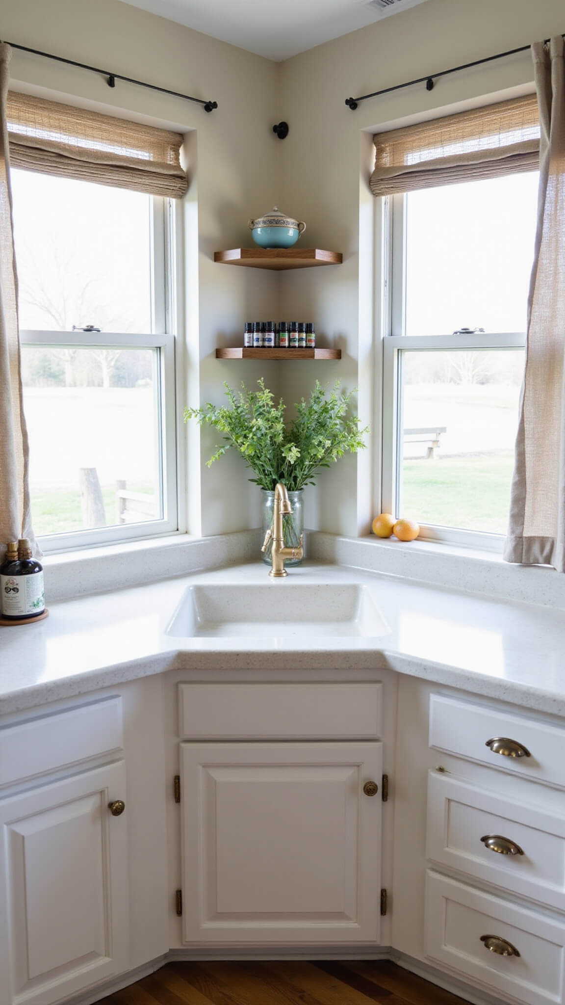Compact farmhouse kitchen with corner sink, white Shaker cabinets, reclaimed wood shelf, and windows with linen café curtains.