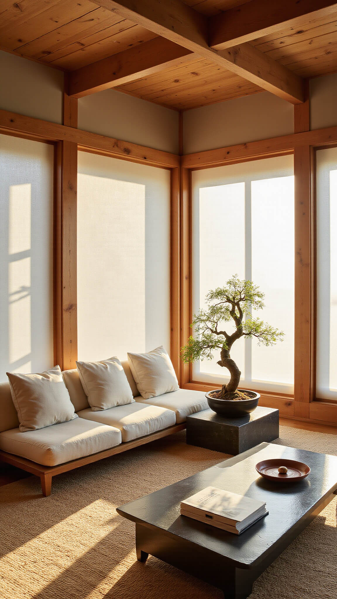Serene 12x15ft living room at golden hour with sunlight through shoji screens, low walnut sofa with cream cushions, bonsai on black stone platform, cedar beam ceiling, jute rug on bamboo floor, warm natural lighting.