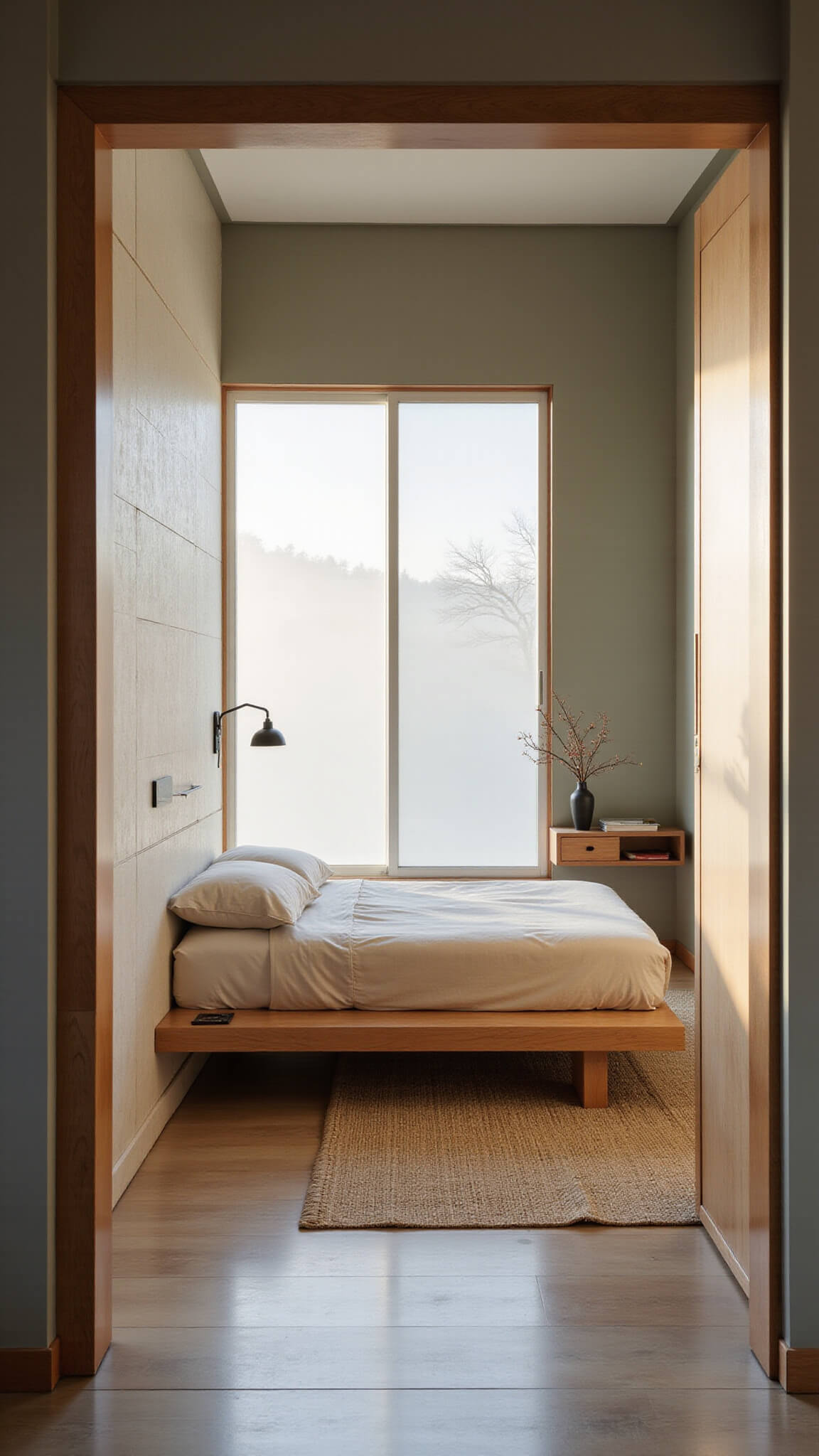 Minimalist 10x12ft bedroom at dawn with low oak platform bed, ikebana on floating shelf, tatami mats, raw silk bedding, shiplap wall, and translucent sliding panels.