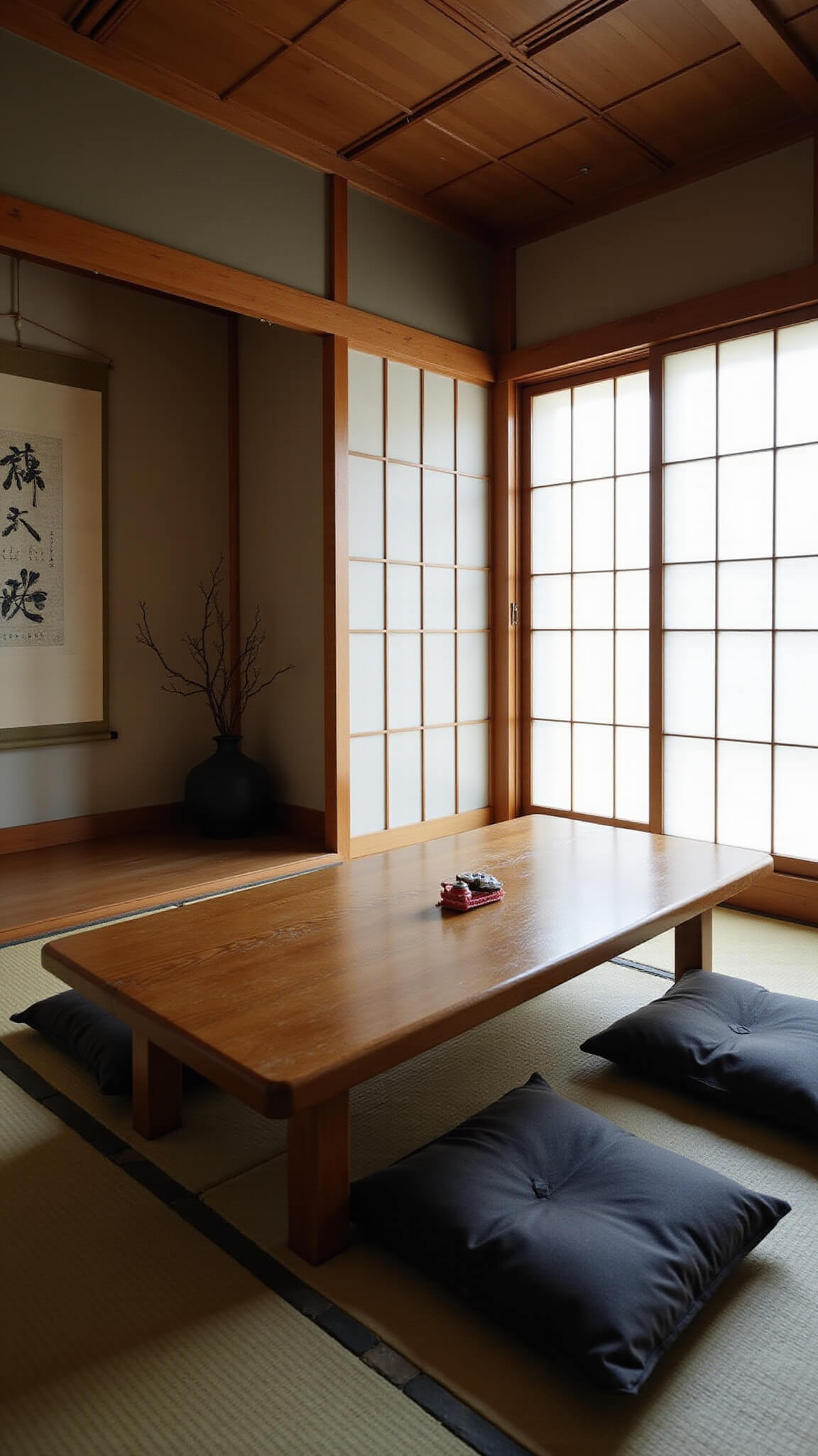 Modern tea room with teak chabudai, charcoal zabuton, tokonoma with scroll and branch, rice paper screens, and slate tile floor.