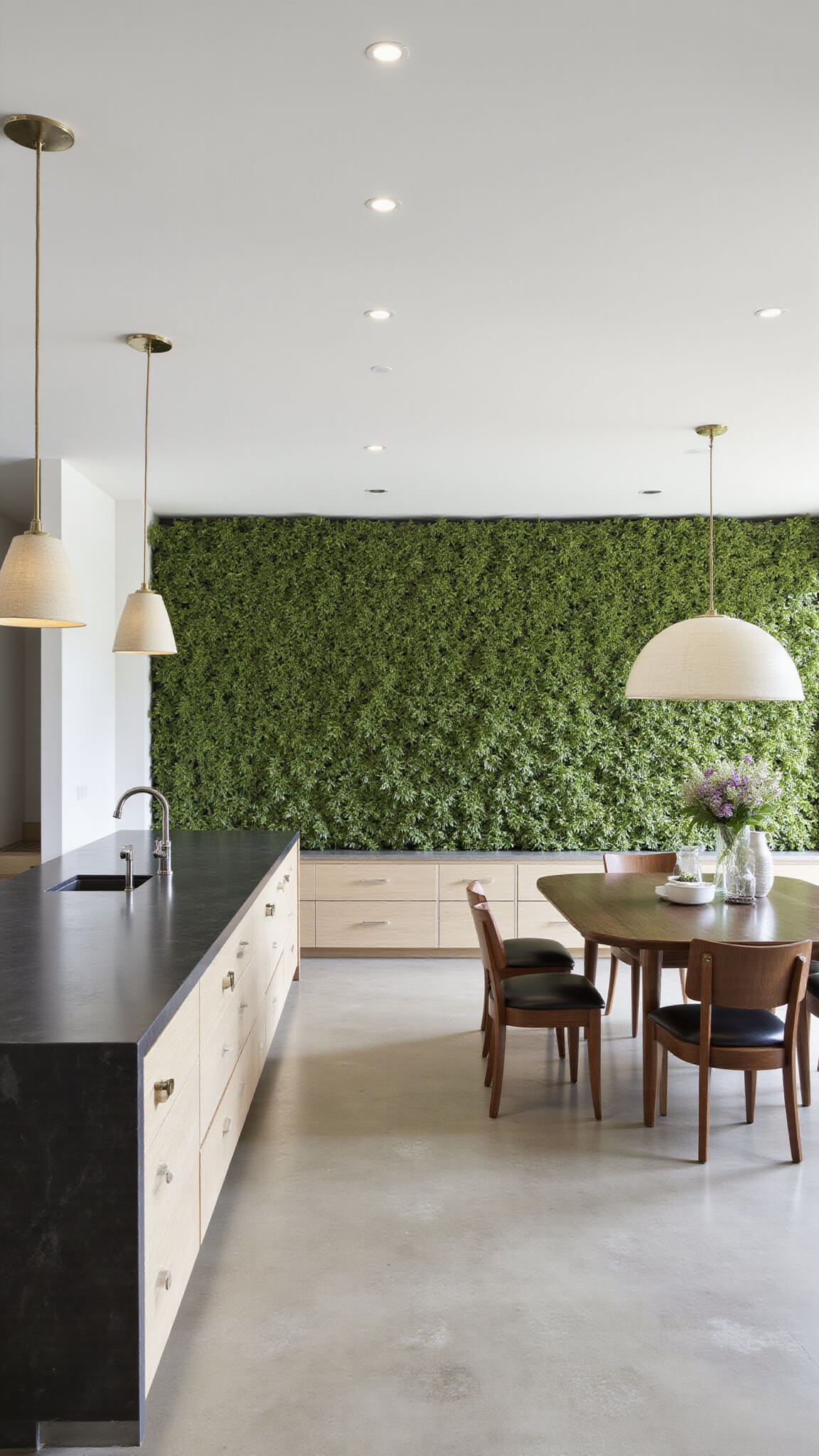 Minimalist open-concept kitchen and dining area with white oak cabinets, black stone counter, washi paper pendant lights, bamboo living wall, and aged concrete floors.