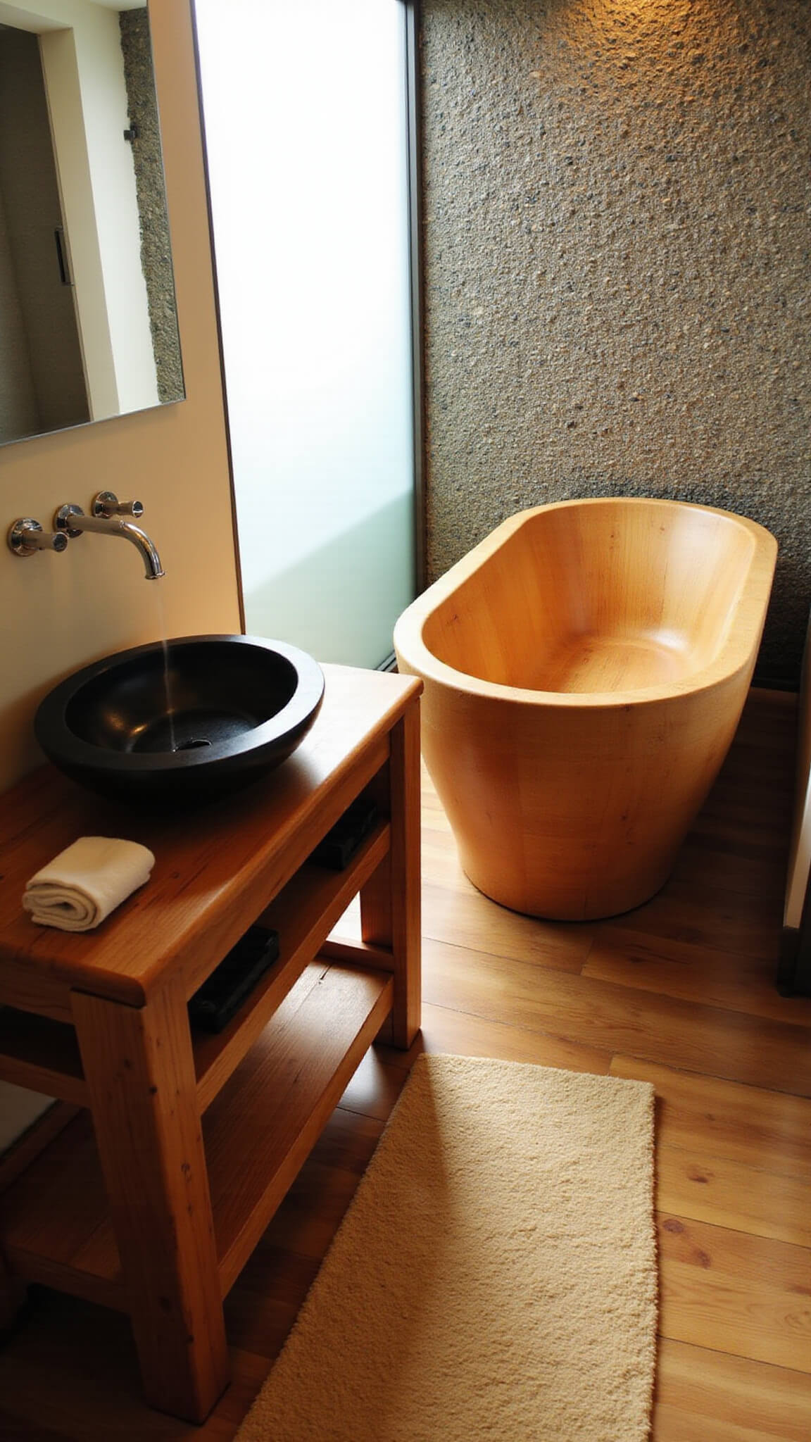 Spa-style 6x8ft bathroom with hinoki wood soaking tub, pebble wall, bamboo vanity, black stone sink, teak mat, and soft morning light.