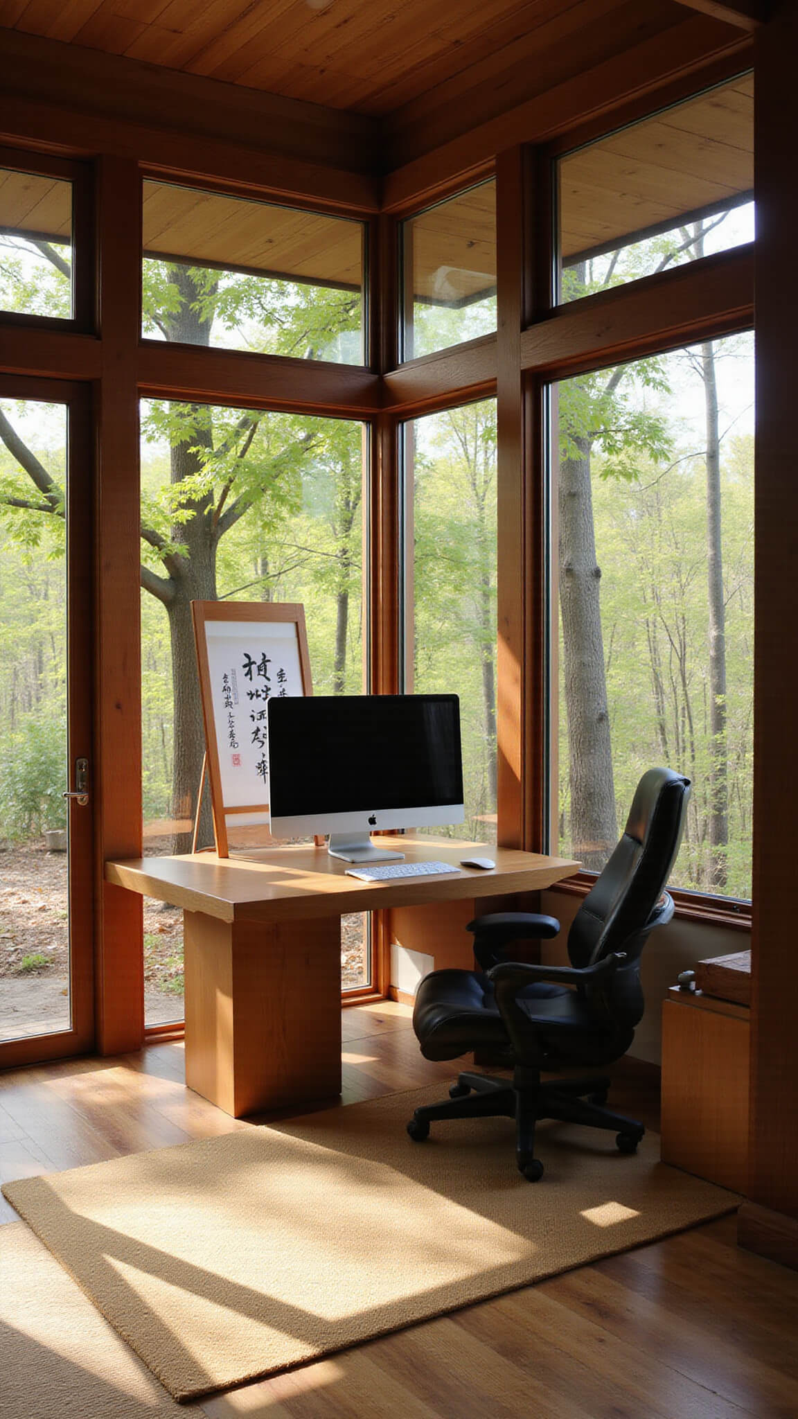 Minimalist 10x10ft home office with cedar desk facing floor-to-ceiling windows overlooking a zen garden, lit by golden hour sunlight.