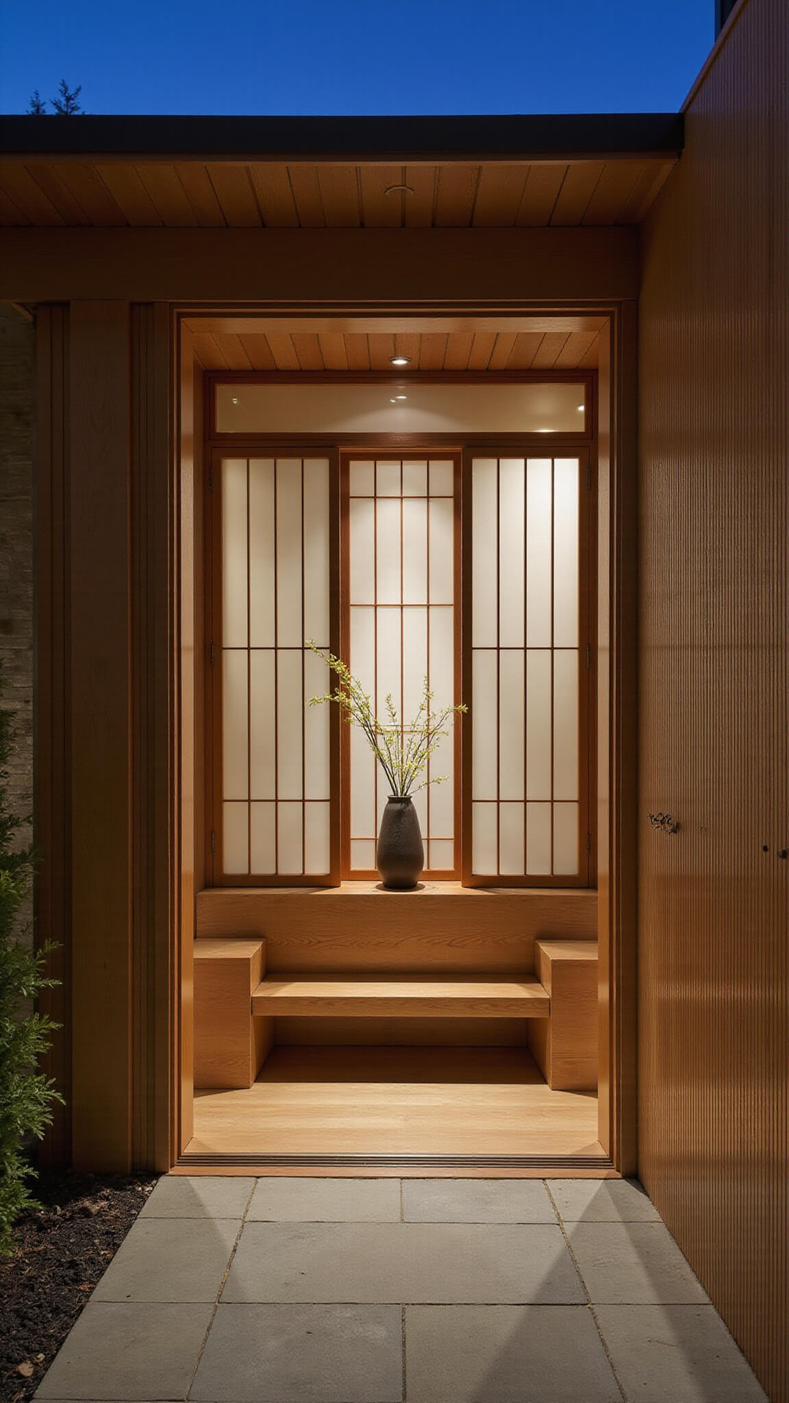 Warm, moody genkan at dusk with oak step-up platform, shoji screens, stone tile floor, cedar slat wall with coat hooks, and ikebana on floating shelf.