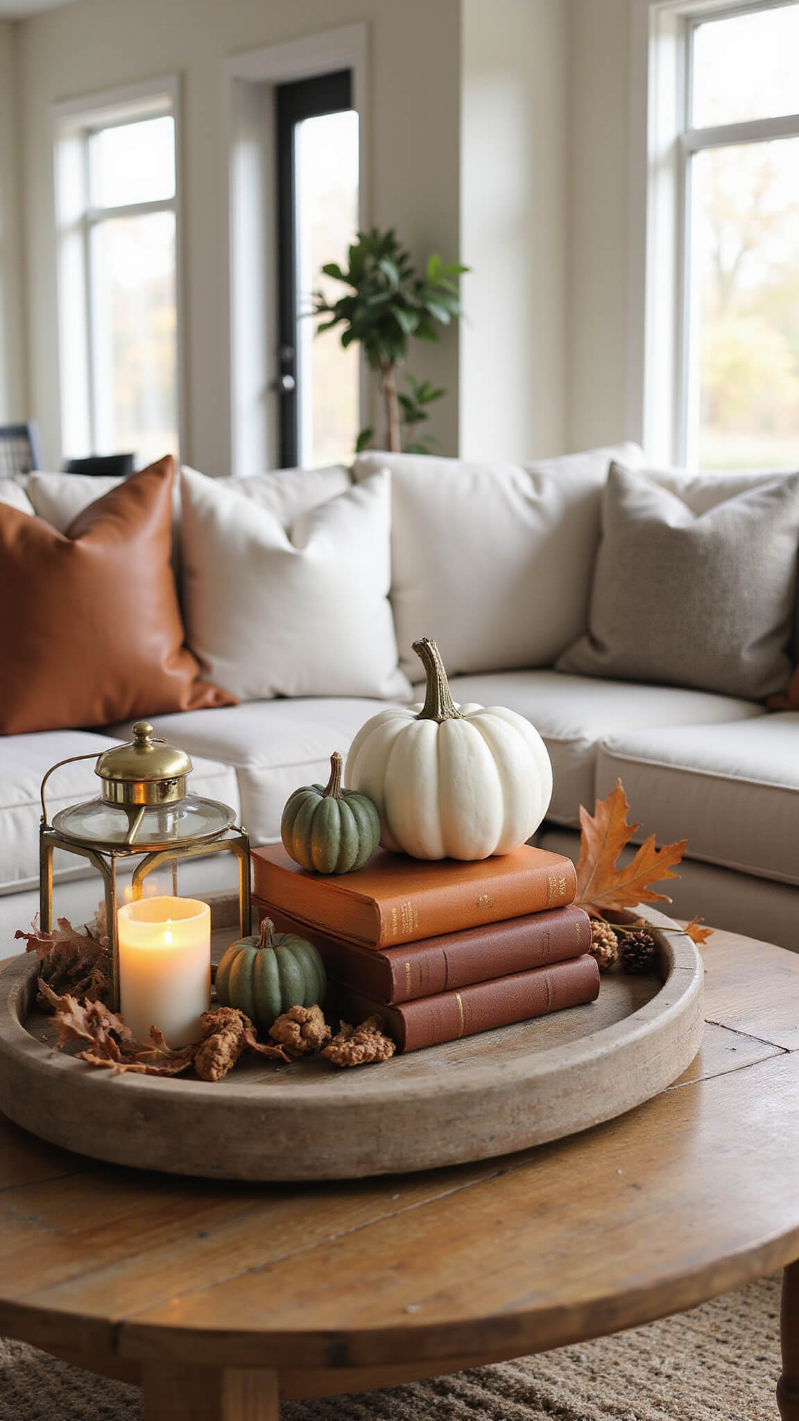 Photorealistic fall-themed living room with rustic oak coffee table adorned with ceramic pumpkin, copper gourds, autumn leaves, pinecones, books, and brass lantern in warm afternoon light.