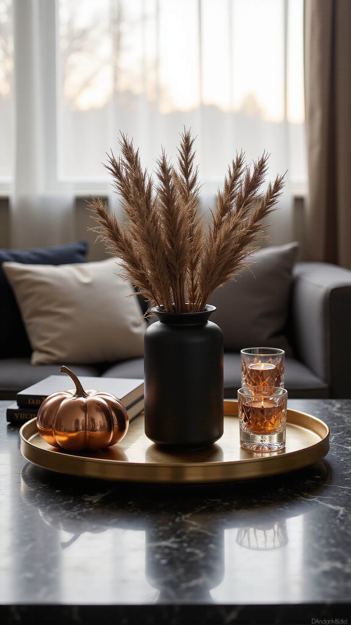 Modern black marble coffee table with brass tray, matte black vase of pampas grass and oak branches, metallic pumpkins, crystal votives, and black-and-gold books in moody morning light.