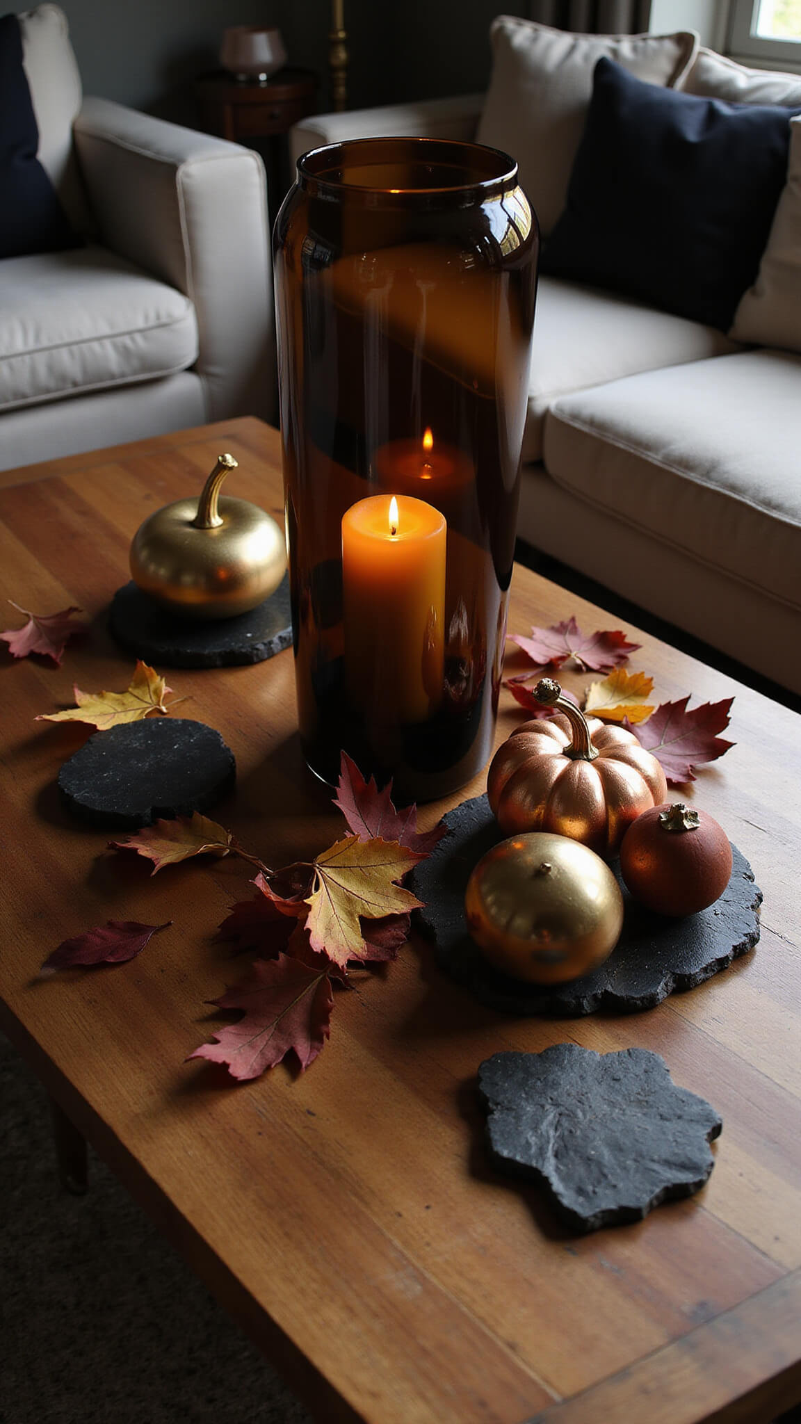 Mid-century modern living room at golden hour with walnut coffee table, smoky glass hurricane candle, copper pumpkins, metallic orbs, autumn leaves, and dramatic shadows.