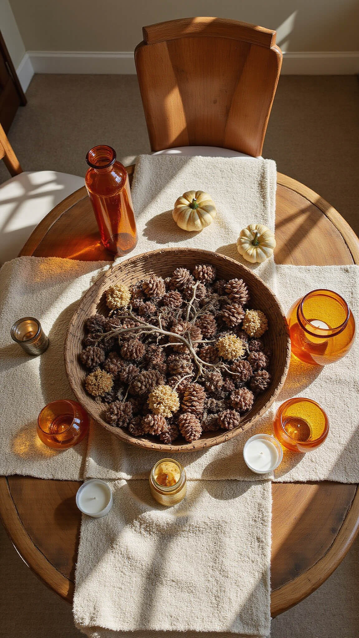 Overhead view of a round rattan coffee table in morning light, featuring a central basket with pine cones, dried hydrangeas, and grape vines, surrounded by amber votives, white ceramic pumpkins, vintage copper vessels, and a woven table runner.