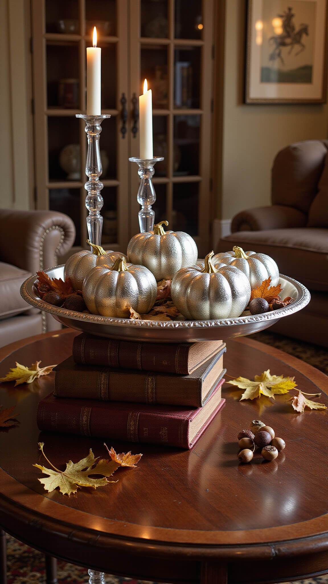 Traditional living room at dusk with crystal candlesticks and mercury glass pumpkins on an oval mahogany coffee table, surrounded by leather-bound books, preserved oak leaves, and acorns in rich autumnal tones.