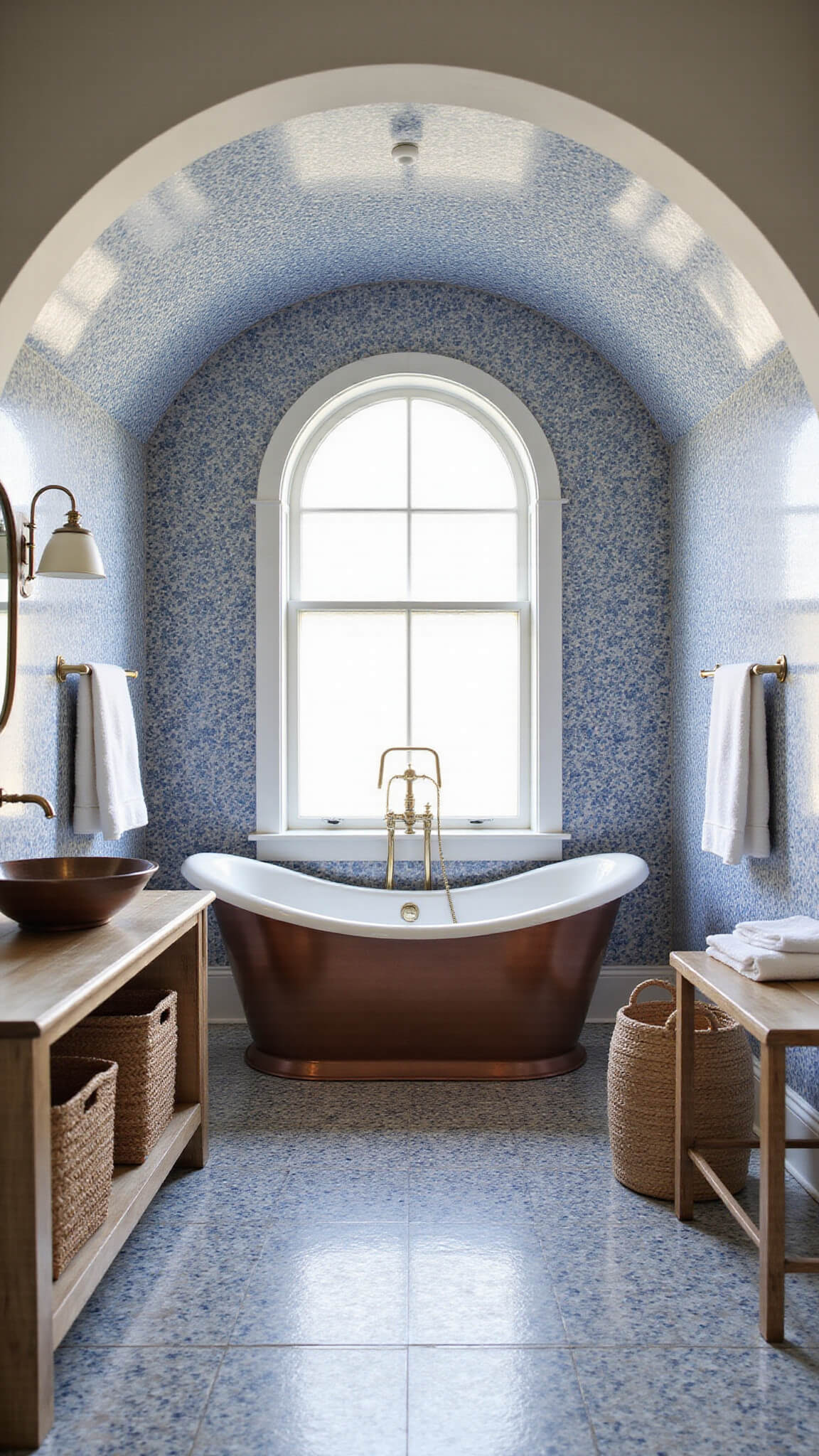 Coastal bathroom with barrel-vaulted ceiling, copper soaking tub under frosted window, blue and white tiled walls, floating wood vanity, and textured accents.