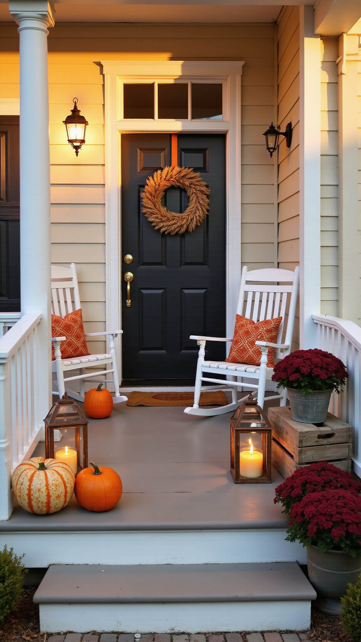 Charming fall porch at sunset with white rocking chairs, heirloom pumpkins on a weathered console table, layered doormats, a black door with a wheat wreath, copper lanterns, and burgundy mums in wooden crates.