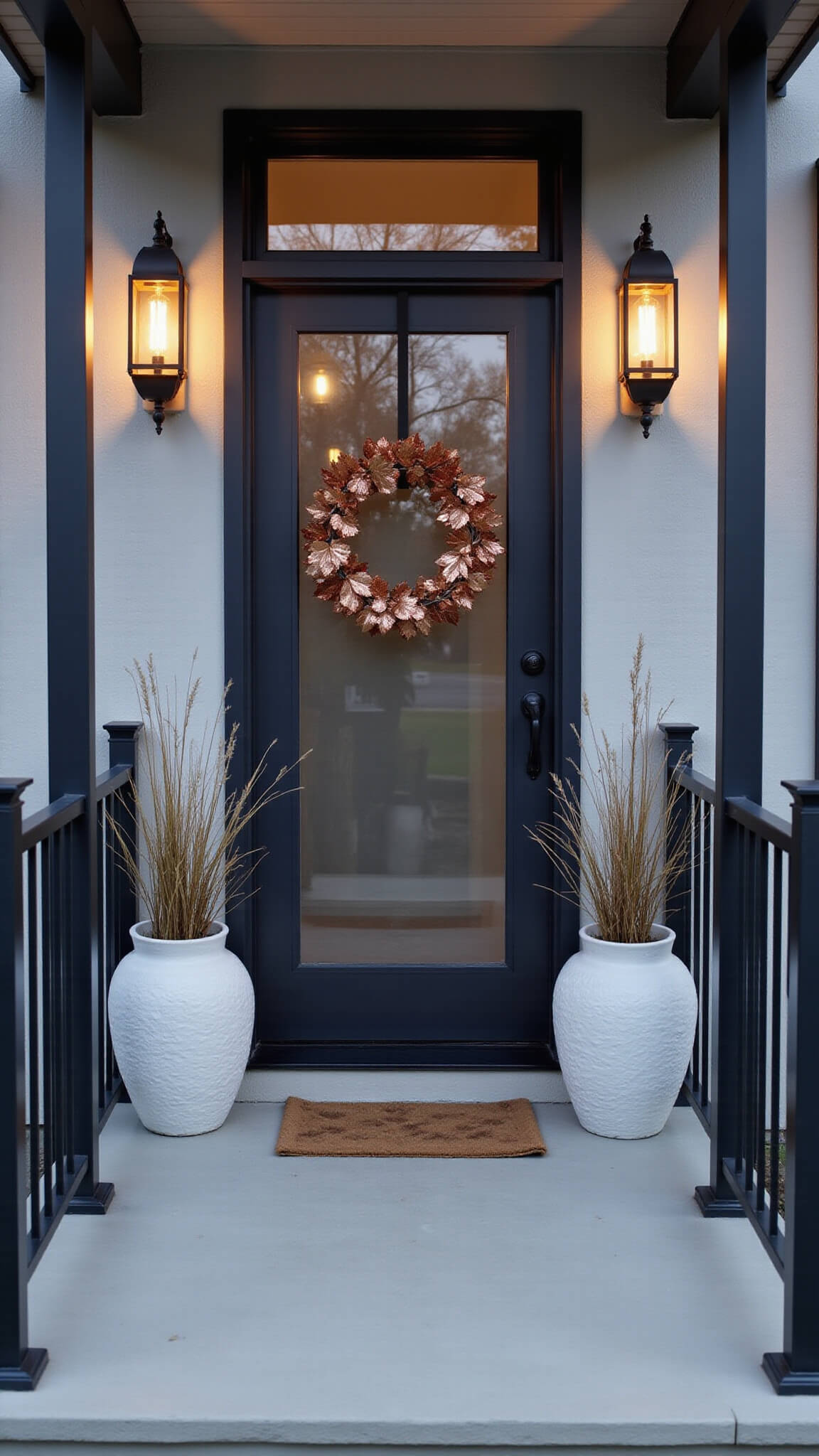 Modern minimalist fall entry with concrete porch, black railings, white planters with ornamental grasses, metallic copper wreath on glass door, black lanterns with warm LEDs, and blue hour lighting.